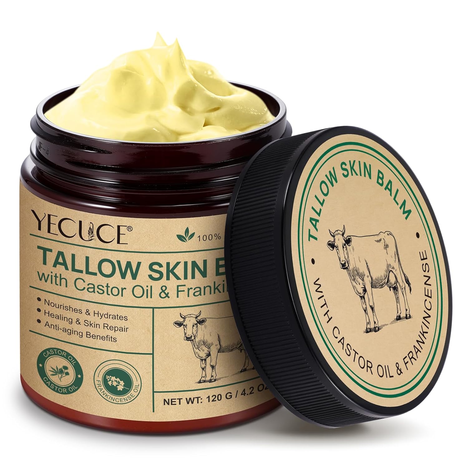 Tallow Skin Balm with Castor Oil & Frankincense Oil, Frankincense Balm– Deep Repair Skin Cream for Dry, Cracked Hands, Face & Body – Grass-Fed, Organic, All-Natural Moisturizer, 120g/4.2 oz