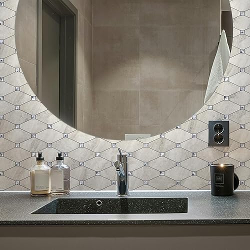 Miniatura 5 de STICKGOO 10 hojas de azulejos para despegar y pegar, vidrio mixto de piedra beige