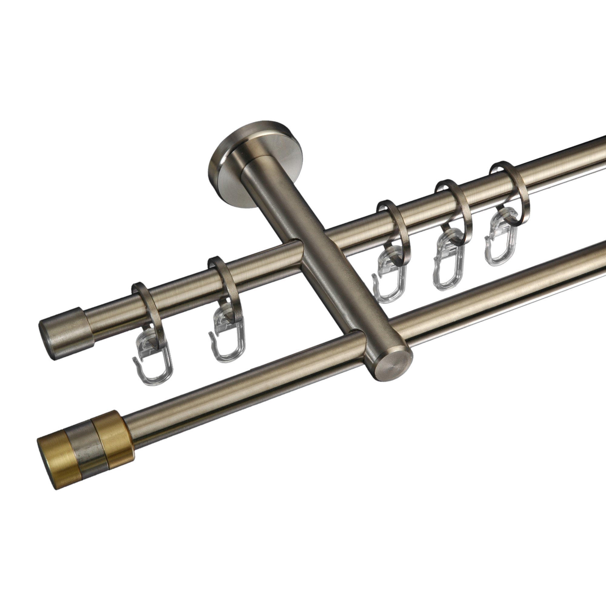Gardinenstange und Innenlaufschiene 12 mm Stilgarnitur Vorhangstange Farbe Edelstahl Optik - 2-läufig - 120-200 cm (200 cm)