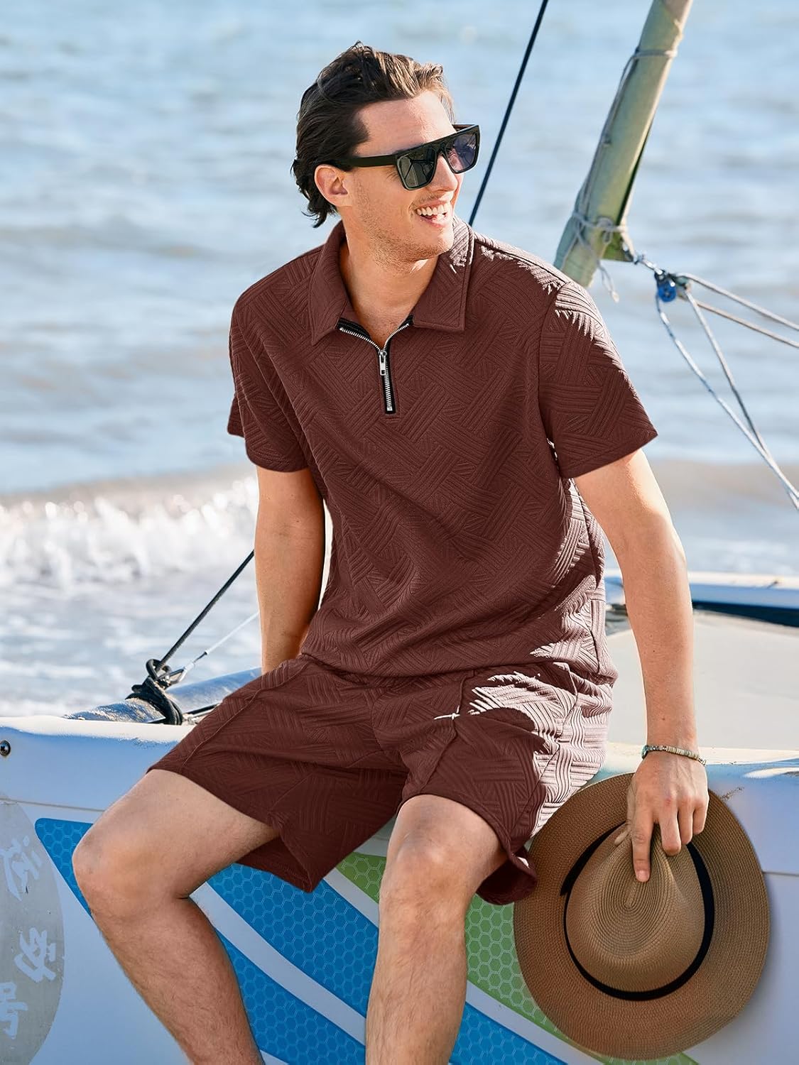 Runcati Mens Summer Track Suits Short Sleeve 1/4 Zip Golf Polo Shirts 2 Piece Shorts Sets Casual Textured Sweatsuit Outfits - Image 4