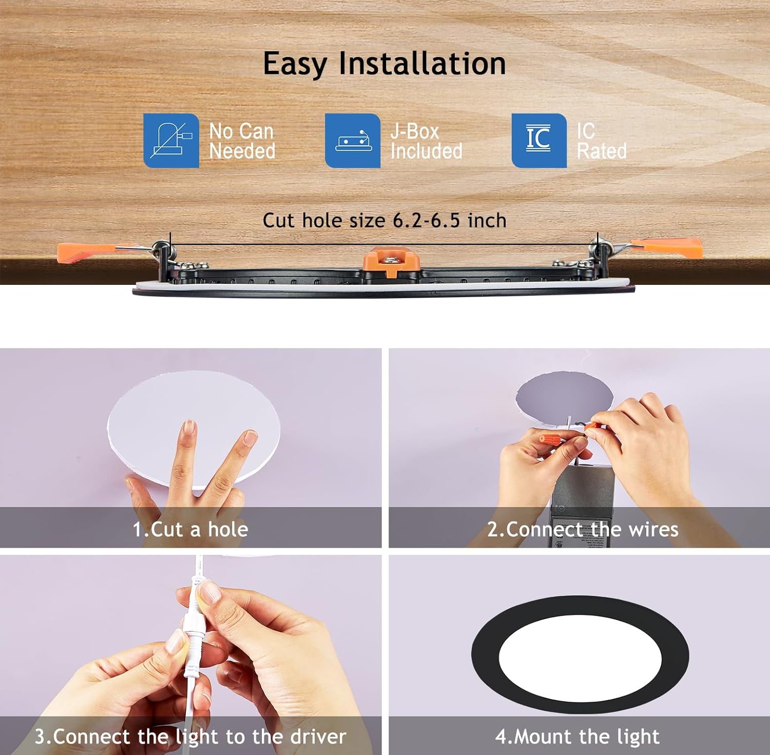 CycevSun 12 Pack Black Recessed Lights 6 Inch, Dimmable Canless Wafer Pot Exterior Outdoor Soffit, 5CCT Selectable, 12W, 120V, IC Rated, ETL - Image 8