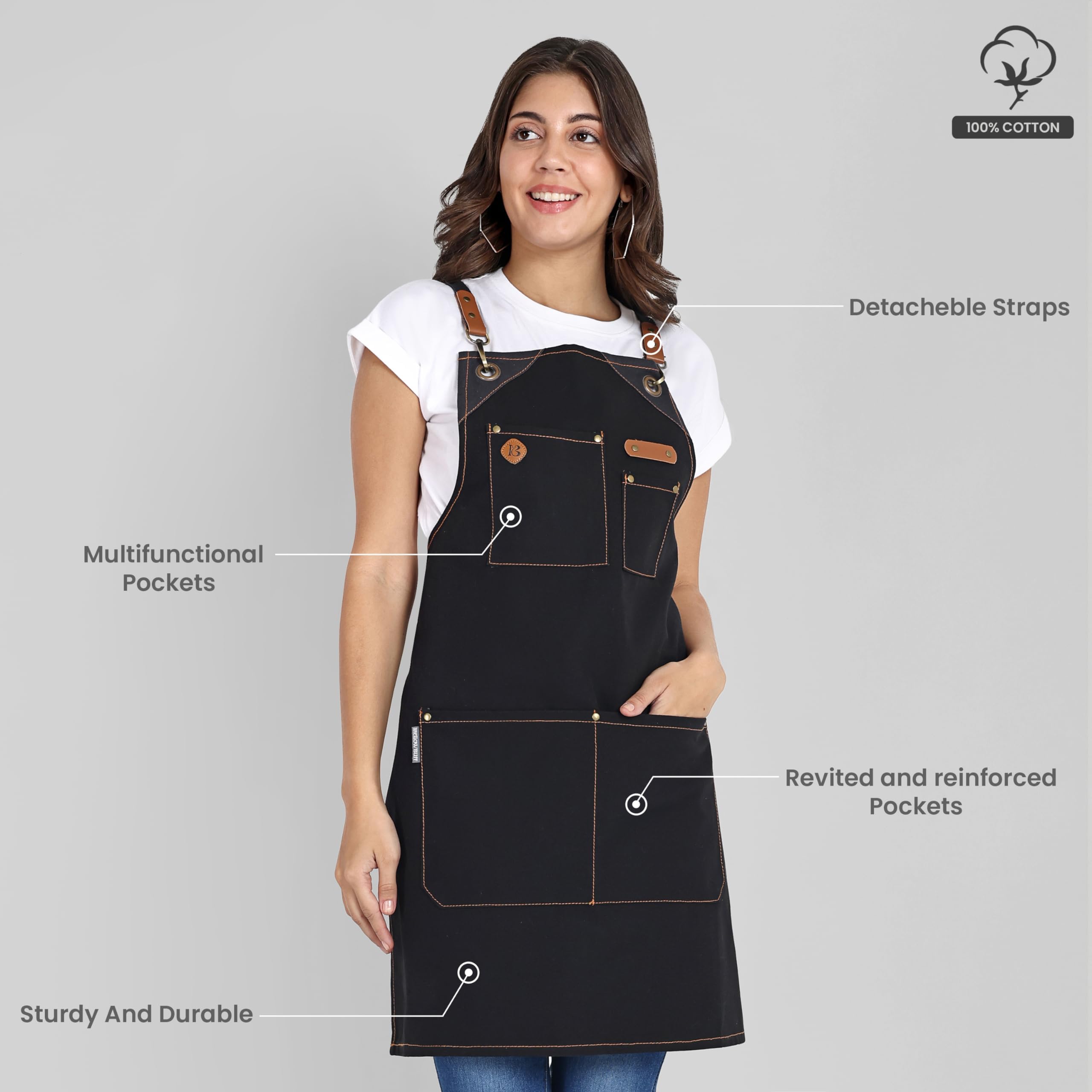 Delantal de cocina de algodón reciclado con cuello ajustable con lazos largos, para cocinar, hornear