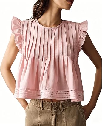Women Babydoll Summer Tank Tops Pleated Eyelet Hem Blouse Loose Fit Ruffle Flutter Sleeve Crew Neck Shirts