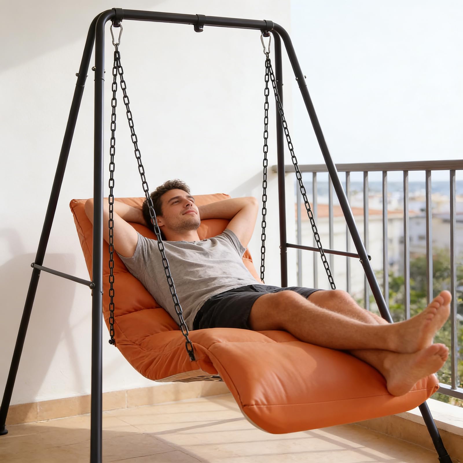 Poltrona Sospesa con Supporto, Sedia a Dondolo per Interno Ed Esterno, Seduta Imbottita E Confortevole, Struttura Robusta, Casa E Giardino