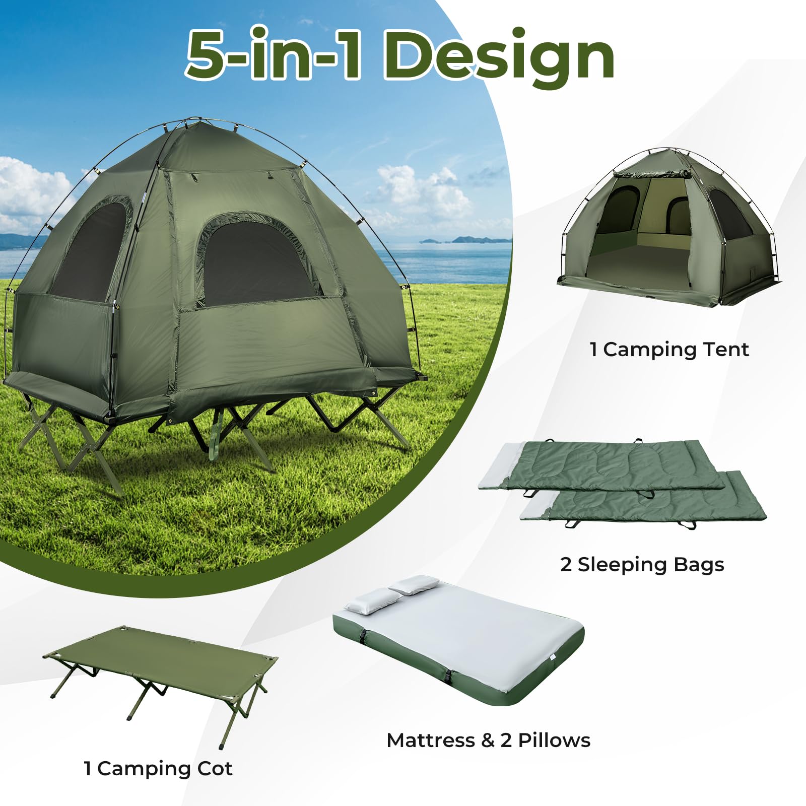 LDAILY Cuna de tienda de campaña, tienda de campaña elevada 5 en 1 con colchón de aire, saco de dormir y almohada, cuna plegable con bolsa de transporte para senderismo al aire libre, picnic, patio