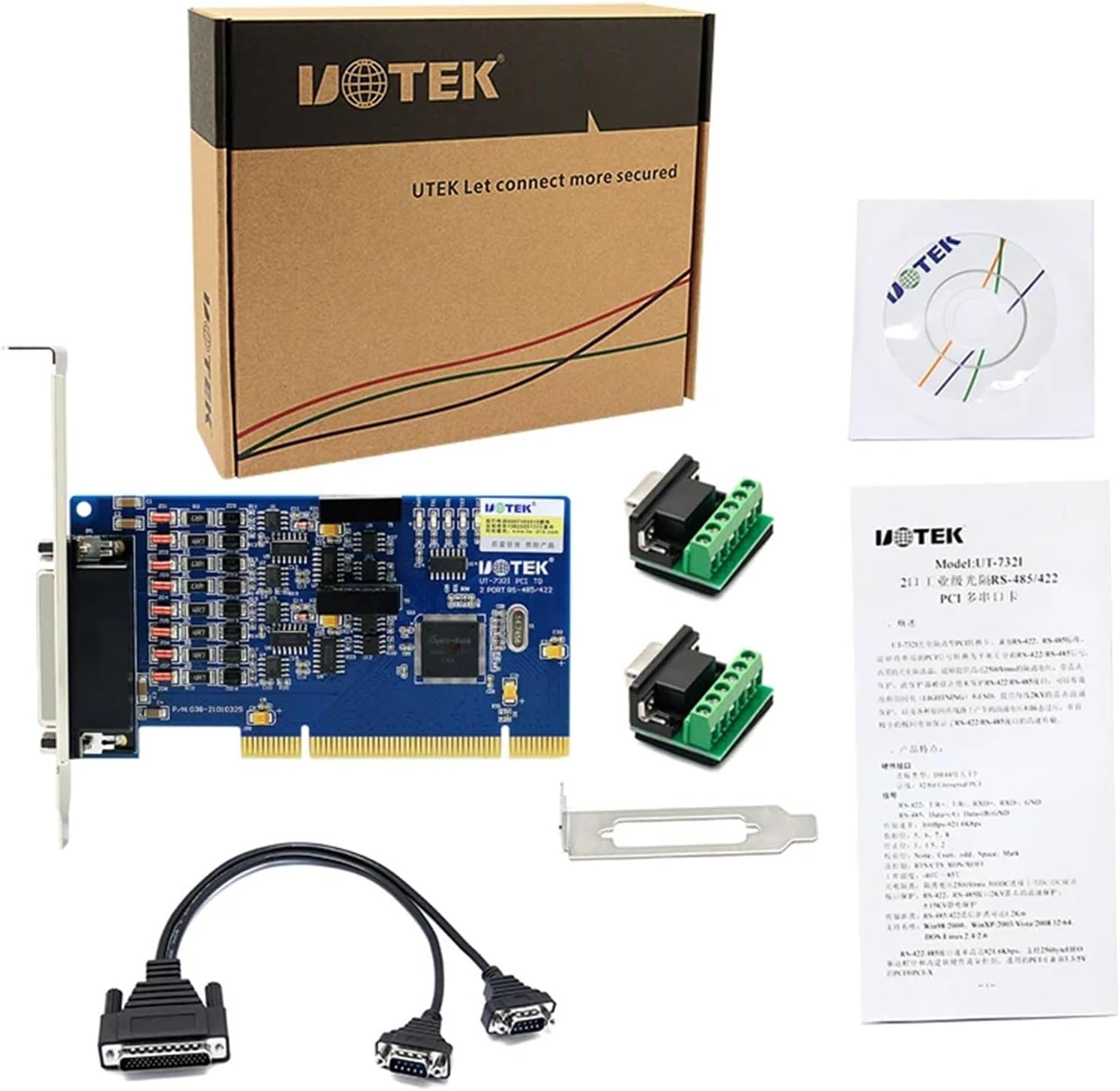 1PCS PCI to RS-485 RS-422 Serial Card RS485 RS422 2 Ports High Speed DR44 Expansion Converter with Isolation UT-732I