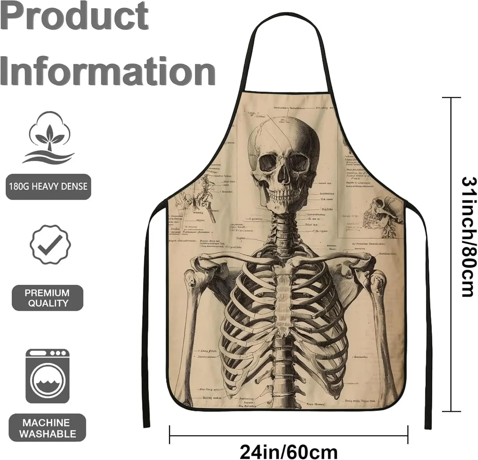Delantal de alta resistencia Delantal de cocina con diseño esqueleto, calavera anatómica vintage, estilo retro médico, lavable