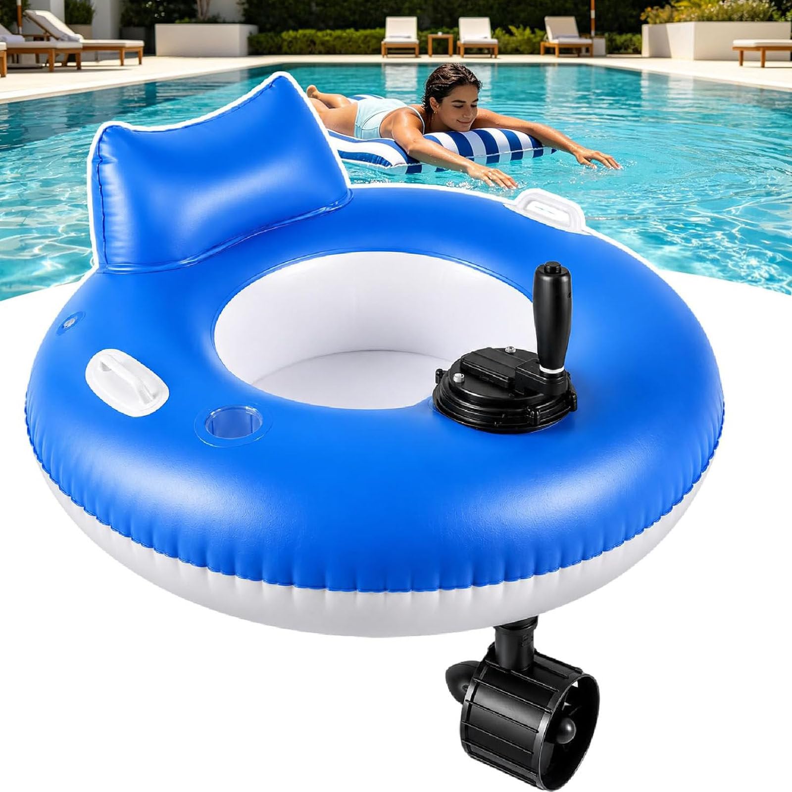 Flotador Hinchable Eléctrico Recargable Adultos 360° Joystick Colchoneta B | para Piscina y Playa,Respaldo y Portavasos para Disfrutar del Verano en Piscina,Lago o Mar