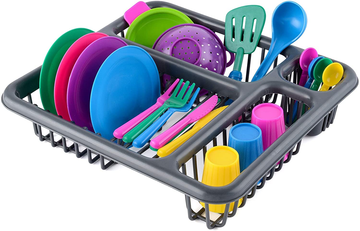 B&K Pretend Play Kitchen Dishes Playset – Little Chef Set, Kids Serving Dishes - Play Cups, Cutlery, Ladle, Tableware, Pots and Dish Drainer, Set of 28 Pcs.