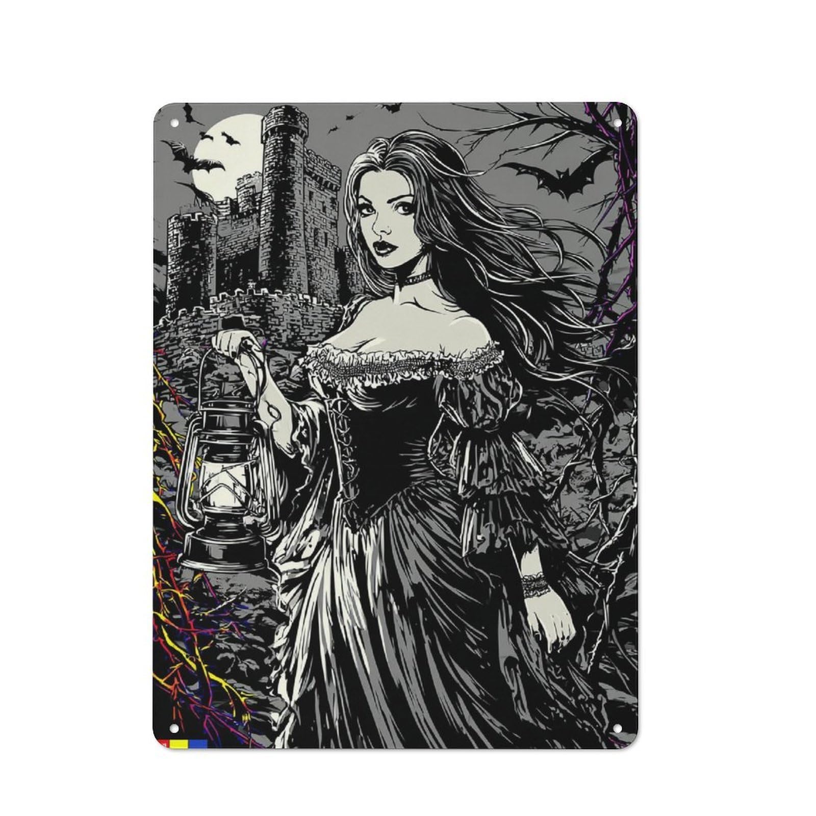 Junmoney Haunting Lantern Maiden Decorative Tin Sign With Design 40X30cm, Farmhouse Cottage Wall Art For Farmhouse Kitchen, Pantry Or Dining Area