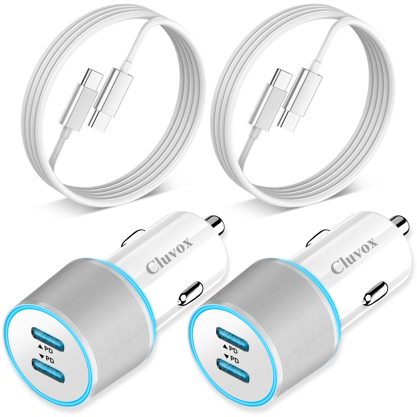 2 Pack 40W Fast USB C Car Charger Adapter for iPhone 15 Pro Max/Plus/Samsung Galaxy S24 Ultra/S23/S22 fe Car Phone Charger, Dual 20W PD Port Cigarette Lighter USB Charger with 3.3FT Type C Cord-White