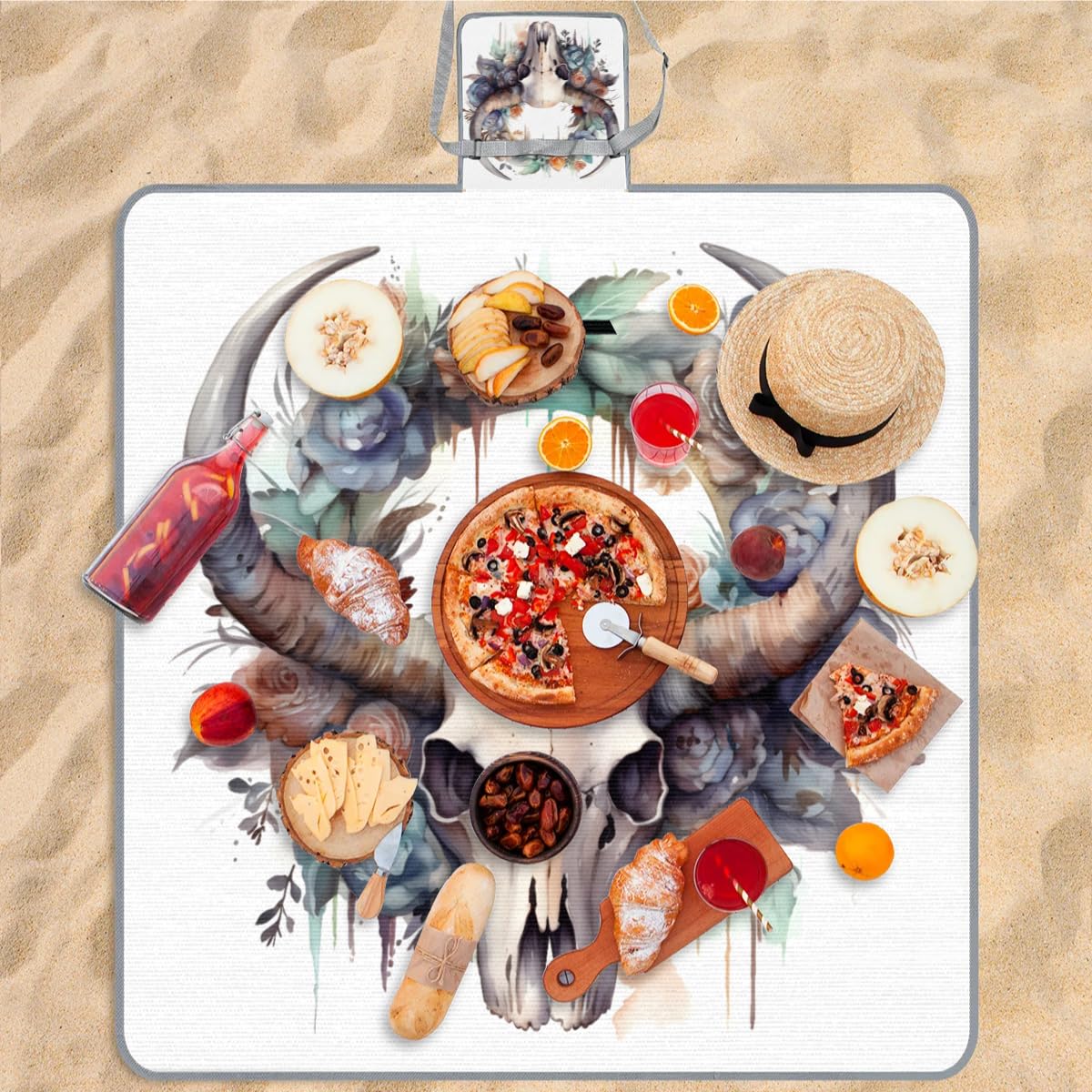 Manta de picnic de 150 x 145 cm, manta de playa plegable con diseño de calavera de vaca y flores en acuarela, para exteriores, impermeable, para playa, camping, senderismo, picnic