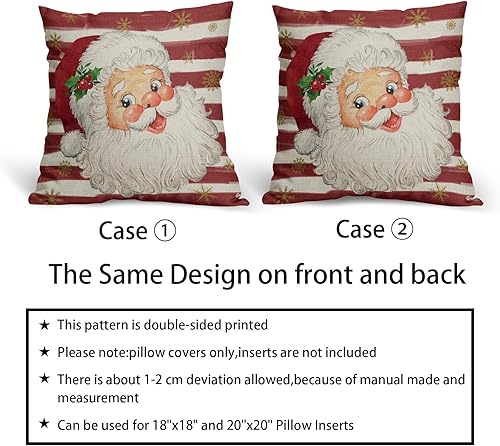Miniatura 6 de Juego de 2 fundas de almohada rojas de Papá Noel de 20 x 20 pulgadas, diseño de copos de nieve dorados de Navidad a rayas, fundas de almohada