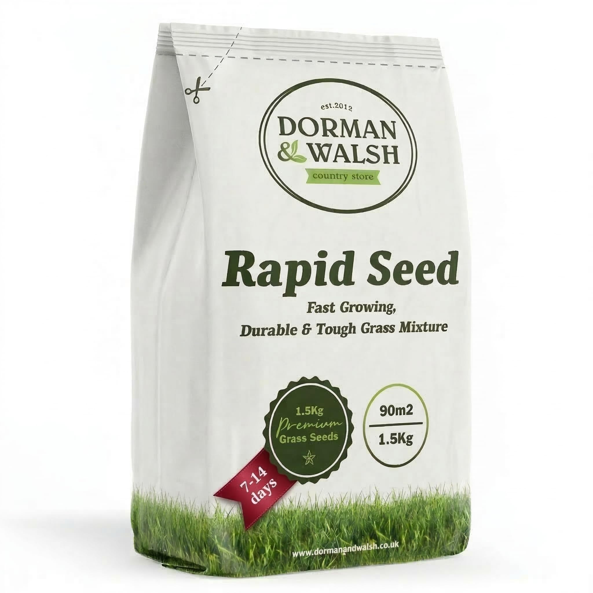 Rapid Seed 1.5 kg Quick Growing Grass Seed, Hard-Wearing and Durable Covering 90m² for Lawns & Patch Repair Dorman and Walsh Premium Green Grass