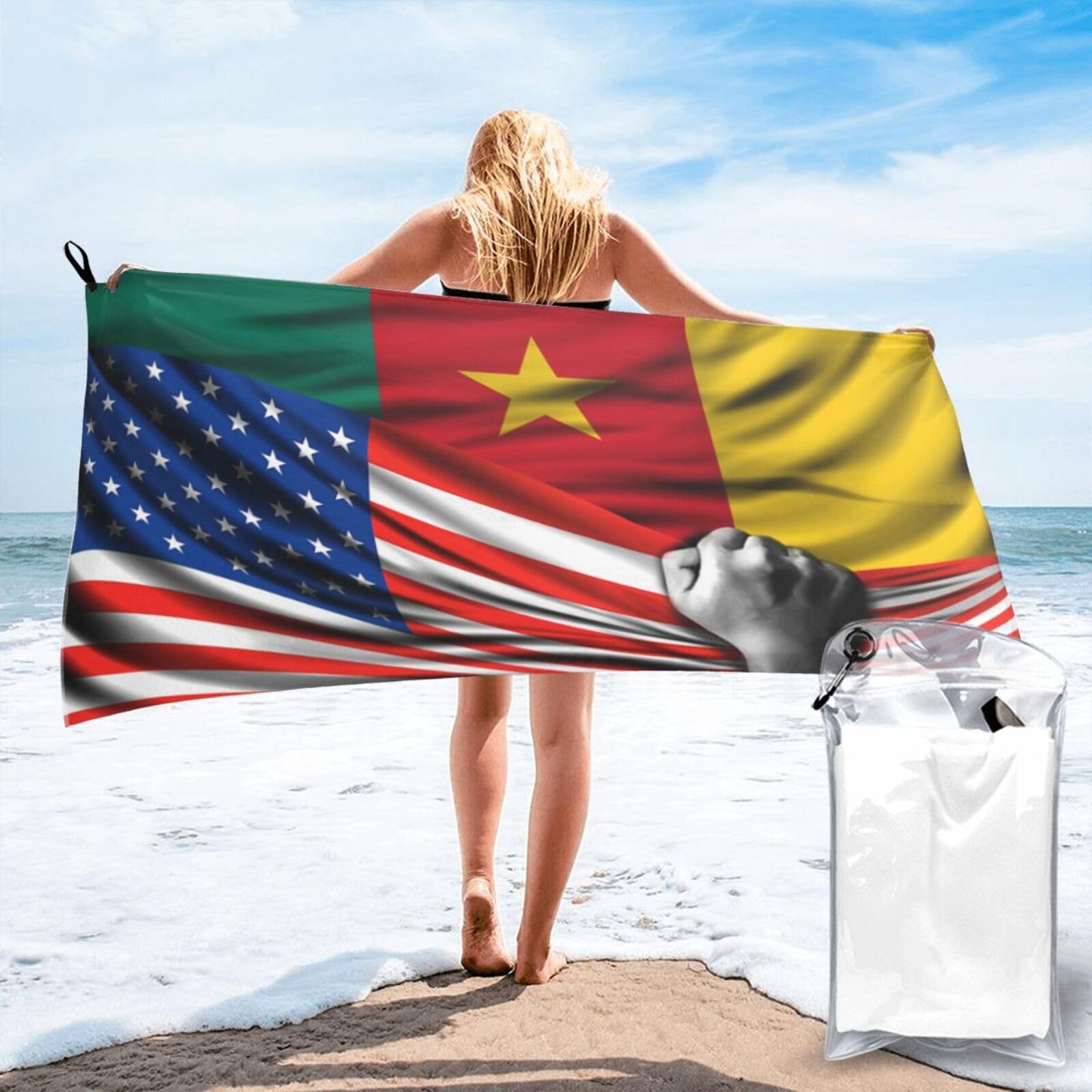 HACXZ Beach Towel America Flag and Cameroon Cameroonian Flag Microfiber Beach Towel Lightweight Absorbent 27.5"X55"