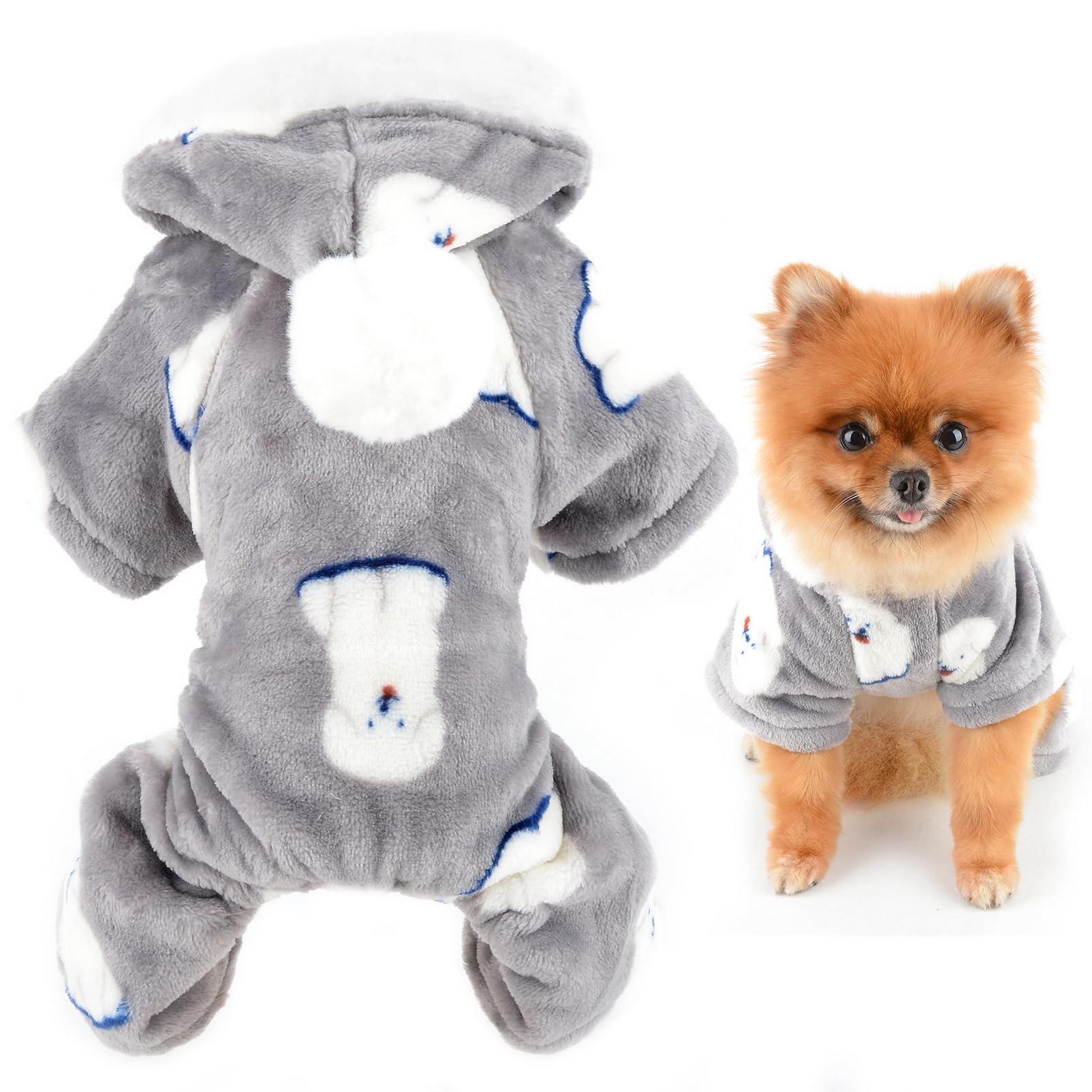 SMALLLEE_LUCKY_STORE Cute Doggy Print Fleece Hoodie Pajamas Pjs with Pom Pom Hood for Small Dog Cat Fall Winter Warm Pet Jumpsuit Puppy Pullover Sweater Kitten Chihuahua Yorkie Clothes,Grey,L