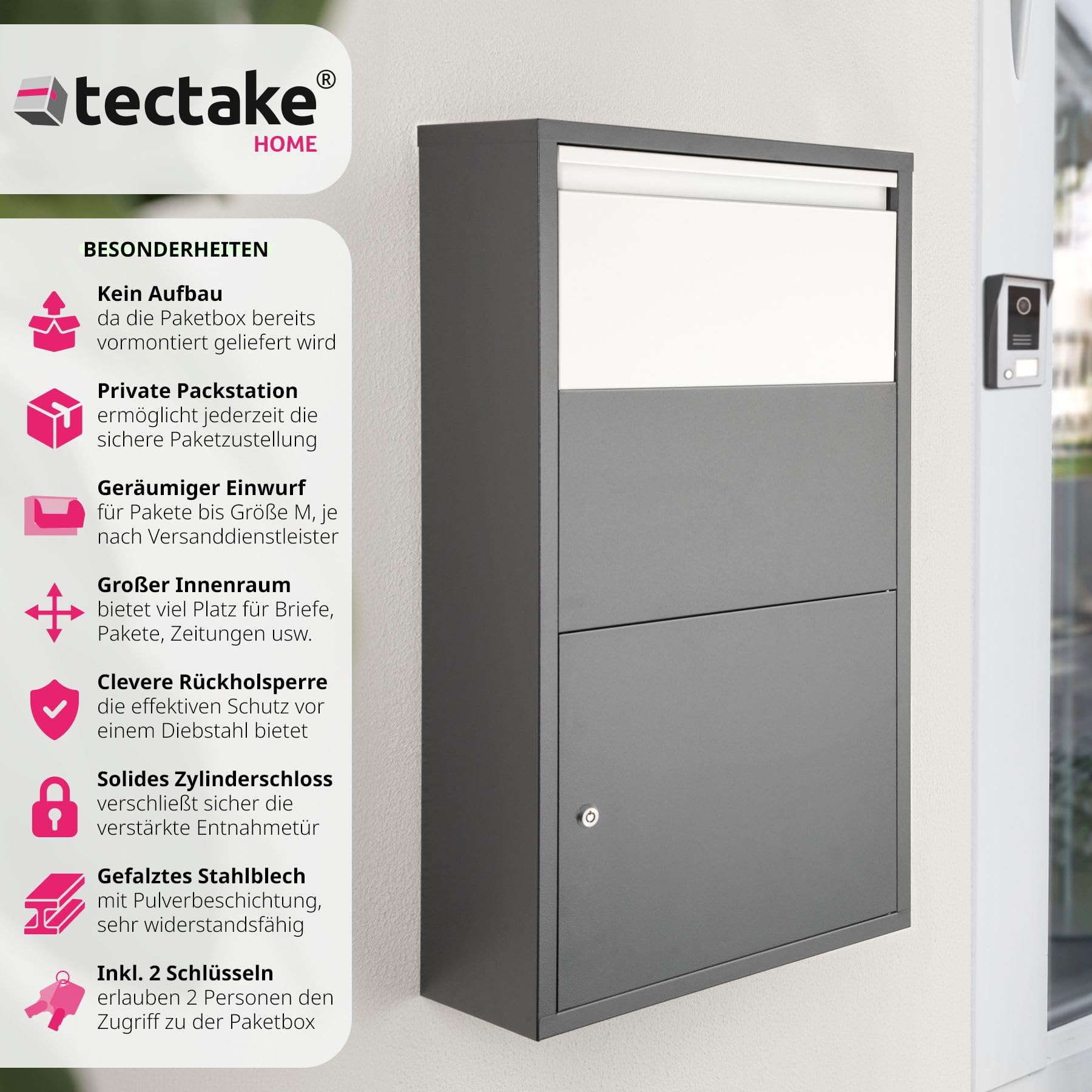 tectake® Paketbox, Briefkasten groß, Postkasten mit Schloss, 44 x 22 x 82 cm, mit Rückholsperre, Briefkasten XXL für Paket und Brief, massiv, Wandmontage, ermöglicht kontaktlose Zustellung