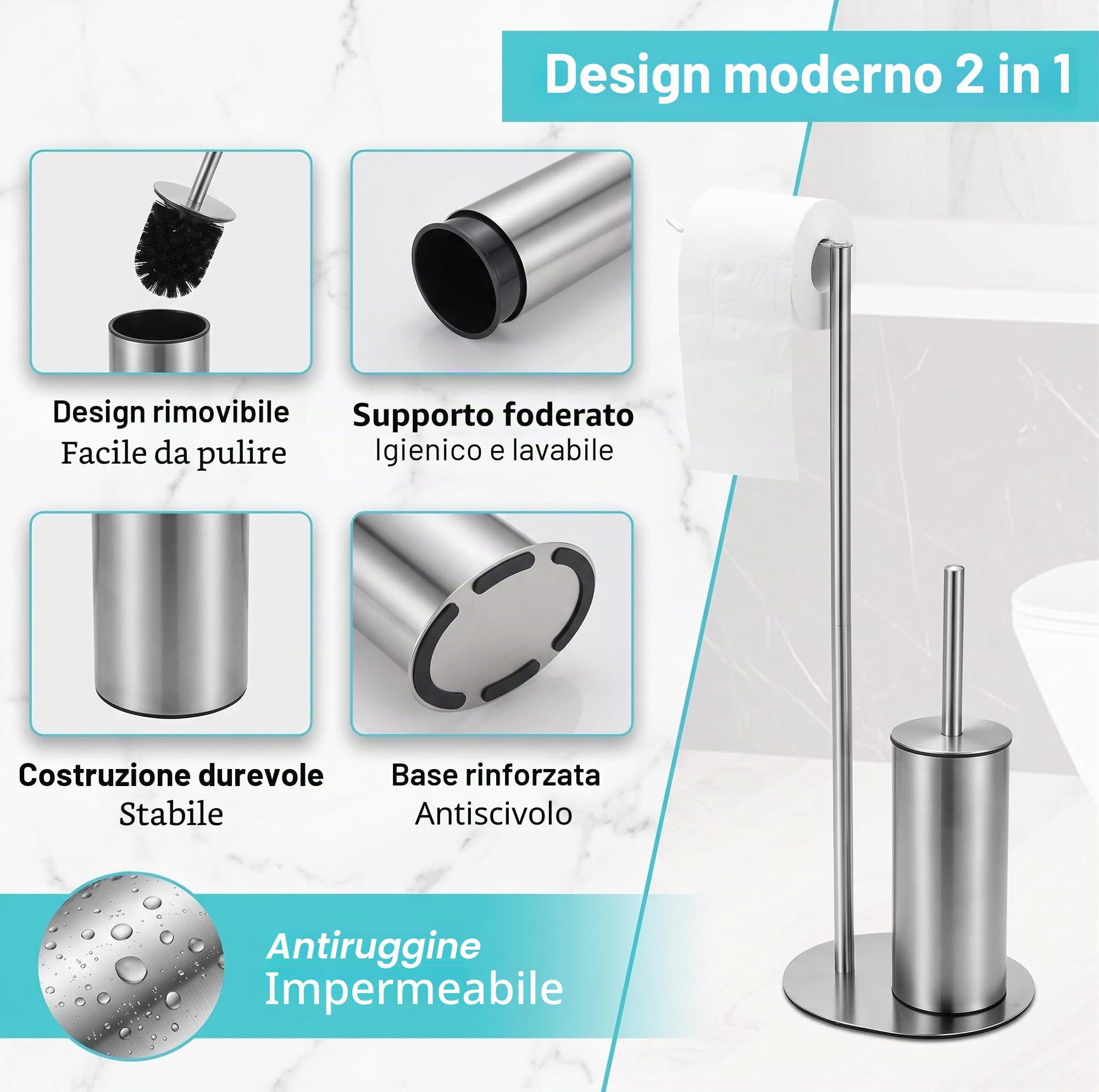 Portarotolo con scopino in acciaio inox, per bagno