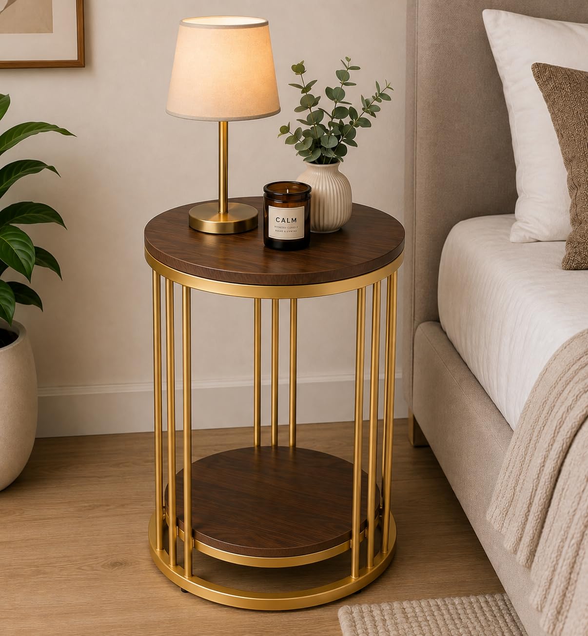 Roldo Round Side Table with Marble Finish Engineered Wood Top, Modern Coffee Table, End Table for Living Room, Bedside Table, Indoor Plant Stand, Metal Frame with Storage Shelf (Gold Walnut)-image-41