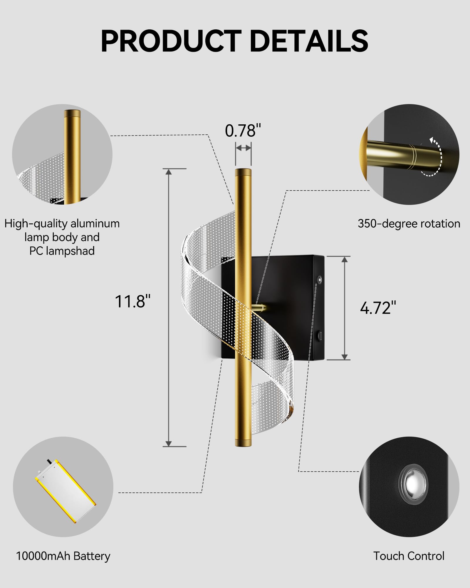 T-SUNUS Wandleuchte Innen Akku, Kabellose Aufladbare Wandlampe Innen Akku mit Fernbedienung, Einstellbarer Lichtstrahl, 3 Farbtemperatur für Wohnzimmer Schlafzimmer Korridor Treppe 2 Stück