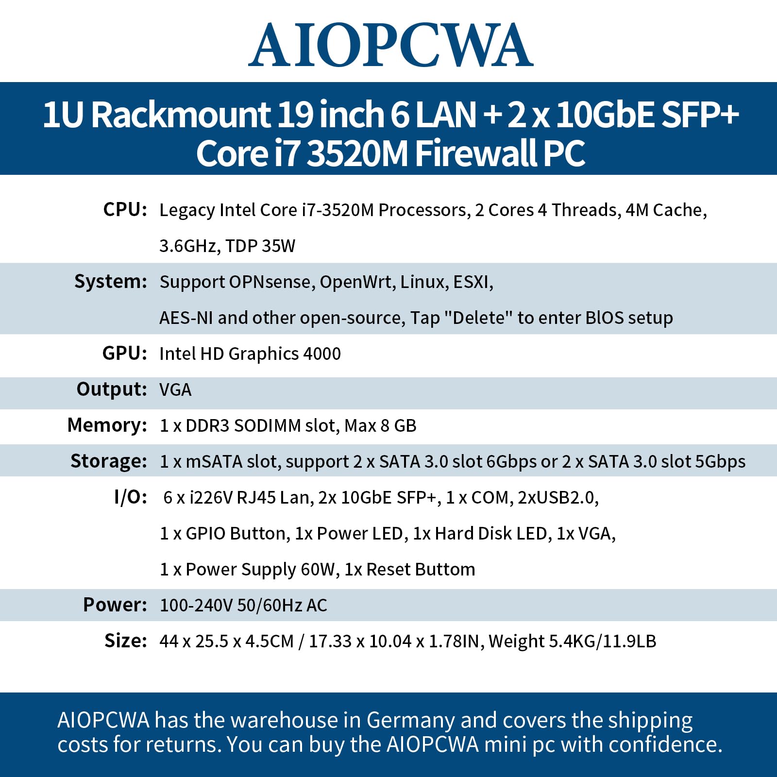1U Firewall Appliance, 2 x 10GbE 82599ES SFP+, 6 x i226-V 2.5GbE LAN, Core i7 3520M, 19" Rackmount OPNsense Router, Homelab Server, VGA, COM, AES-NI, 8GB RAM 256GB SSD