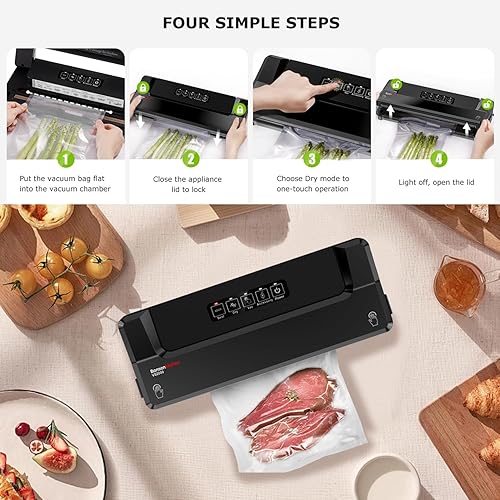 Miniatura 5 de Bonsenkitchen Máquina selladora al vacío con 40 bolsas de vacío, sellador de alimentos compacto rápido, tecnología Globefish para sellado continuo