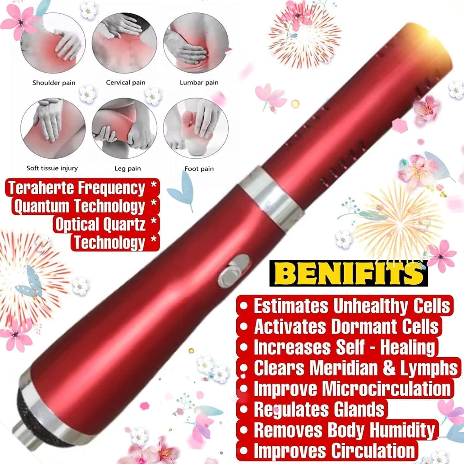 KANGZHU Electric Teracare Tera Heartz Healing Device iTeracare Device 3 in 1 Technology (Red)