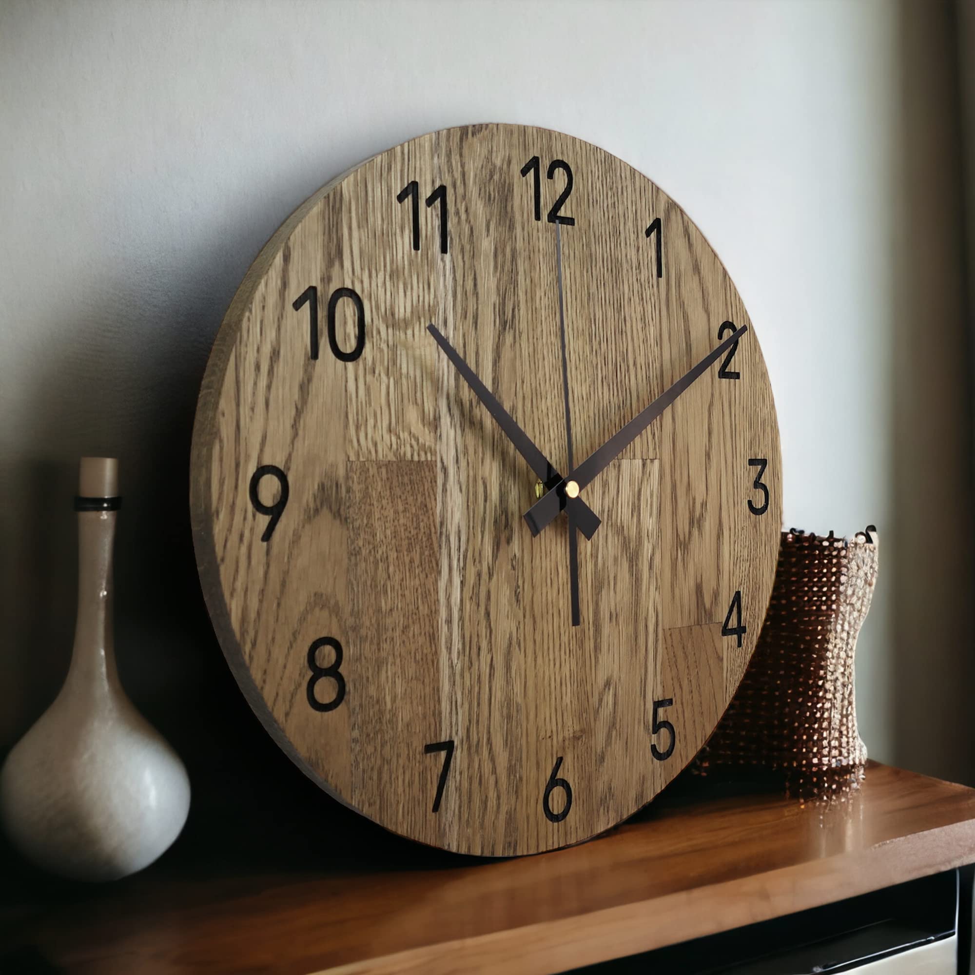 Reloj de Pared de Madera MAS002, Moderno Reloj de Pared de Roble, Reloj Estacion, decoración del hogar, Reloj de Pared de Madera de Roble Real, Color Roble - Tierra marrón, Ø 40 cm