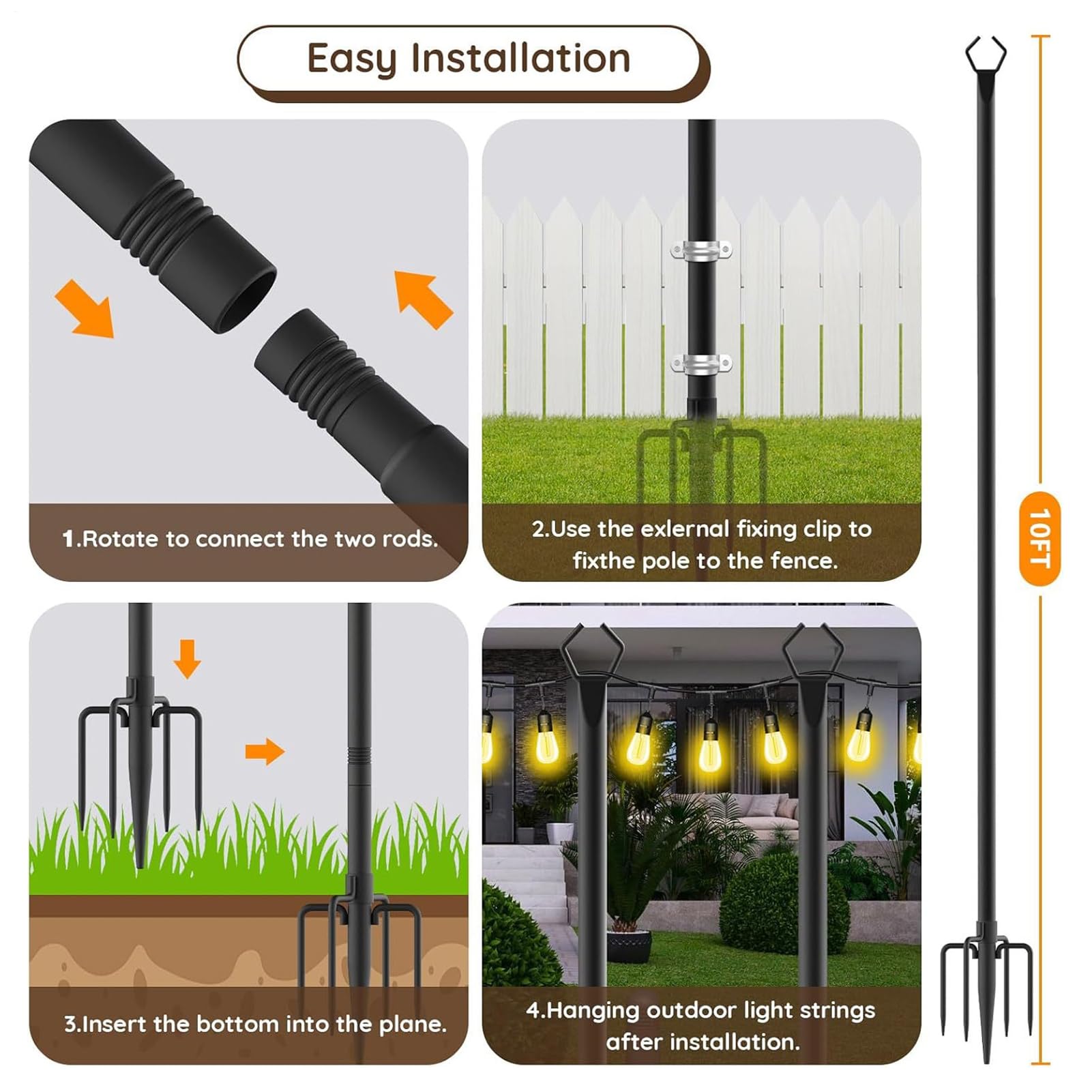 Pali per luci a corda, aste di supporto per corde da cortile, supporti per illuminazione esterna resistenti, materiale resistente alle intemperie, ideale per prato, terrazza, giardino, terrazza