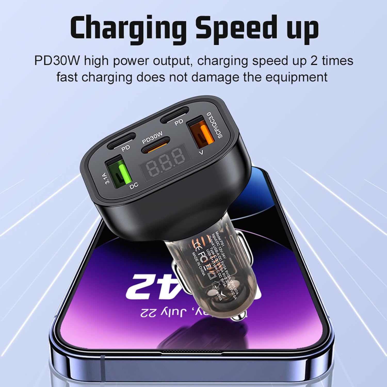Full PD 30W Multi Port USB C Car Charger Adapter 5 in 1 with Voltage Display, PD4.0/QC4.0/PPS/AFC Super Fast Charging Cigarette Lighter Adapter with Volt Meter for MacBook iPhone Galaxy Android Phones
