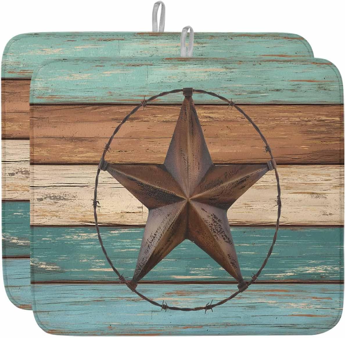 Brown Farmhouse Texas Star Dish Drying Mats for Kitchen Counter Set of 2, Vintage Wood Texture Absorbent Dish Drainer/Rack Mat,Hangding Quick Drying kitchen Mat,18x24inch Machine Washable