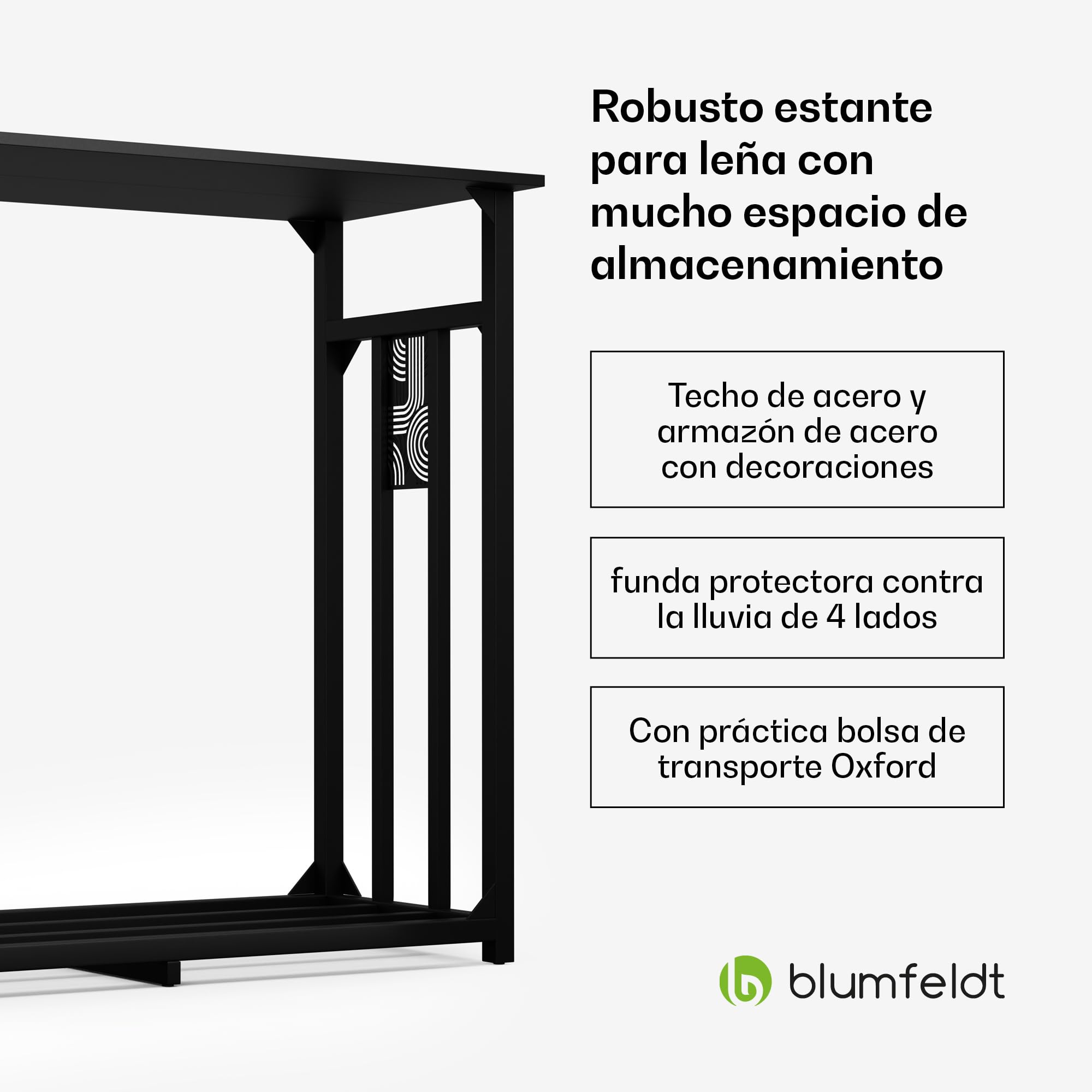 blumfeldt Leñero interior Valdivian, 2.3m³ Almacenamiento de leña con techo de acero & funda impermeable, leñero interior rústico, diseño estético, incluye bolsa de transporte