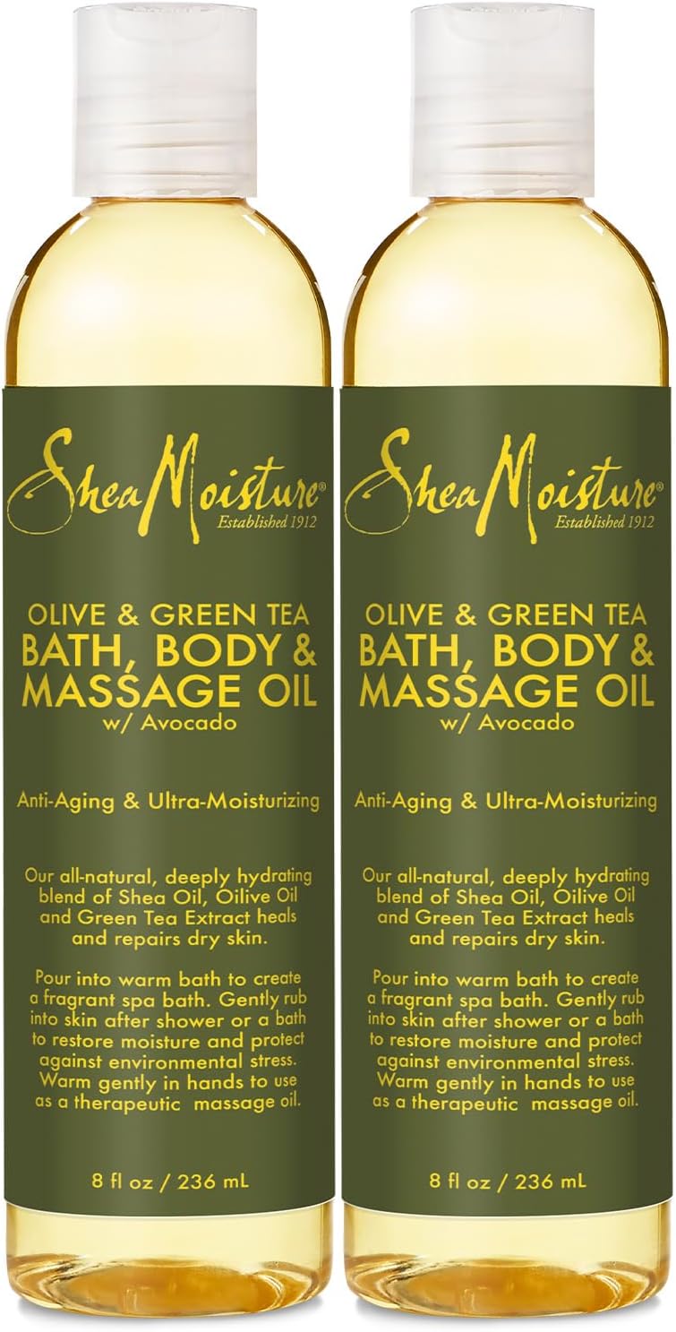 SheaMoisture Olive & Green Tea Bath, Body & Massage Oil 2-Pack – Avocado Oil, Anti-Aging & Ultra-Moisturizing for Dry Skin, 8 Oz Ea