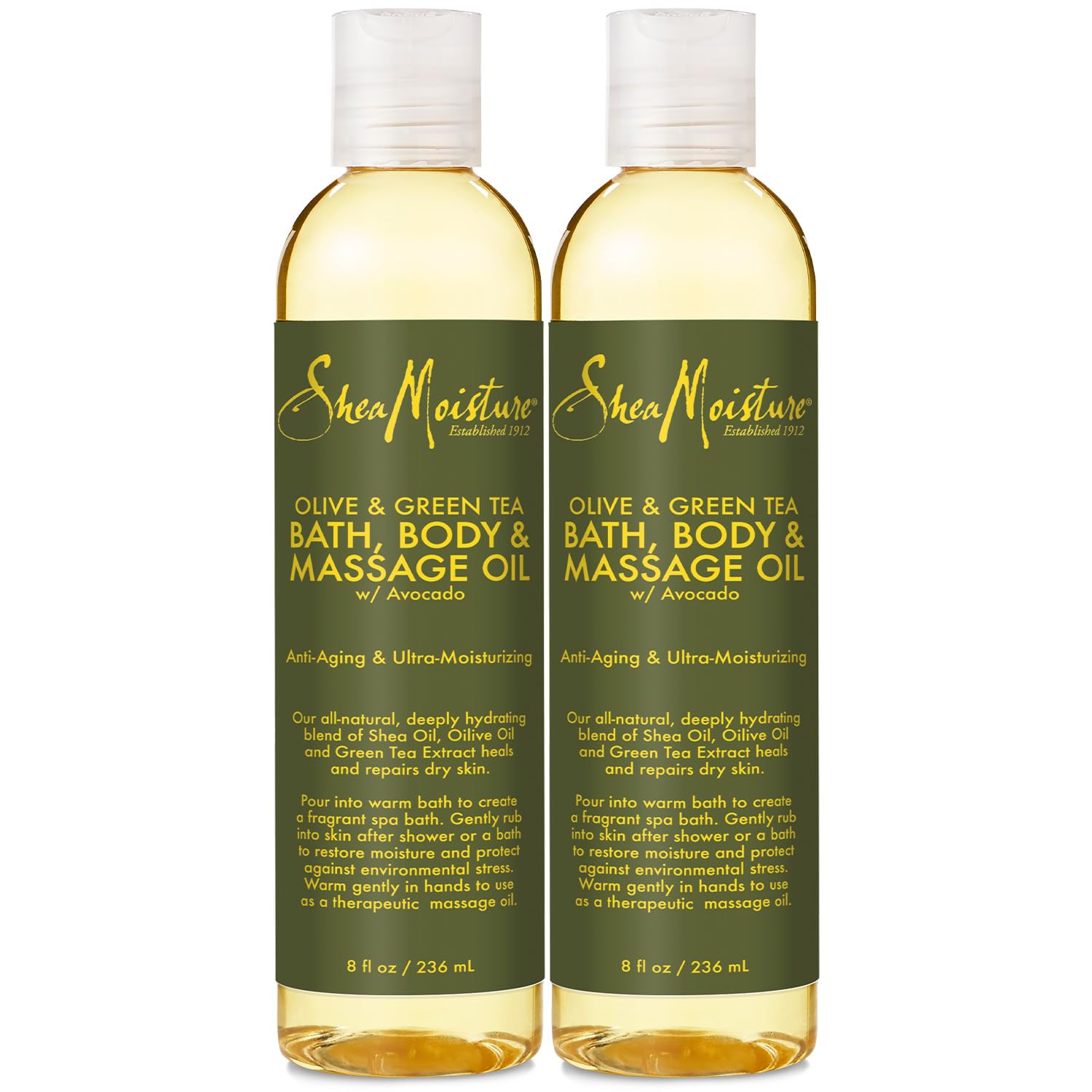 SheaMoisture Olive & Green Tea Bath, Body & Massage Oil 2-Pack – Avocado Oil, Anti-Aging & Ultra-Moisturizing for Dry Skin, 8 Oz Ea