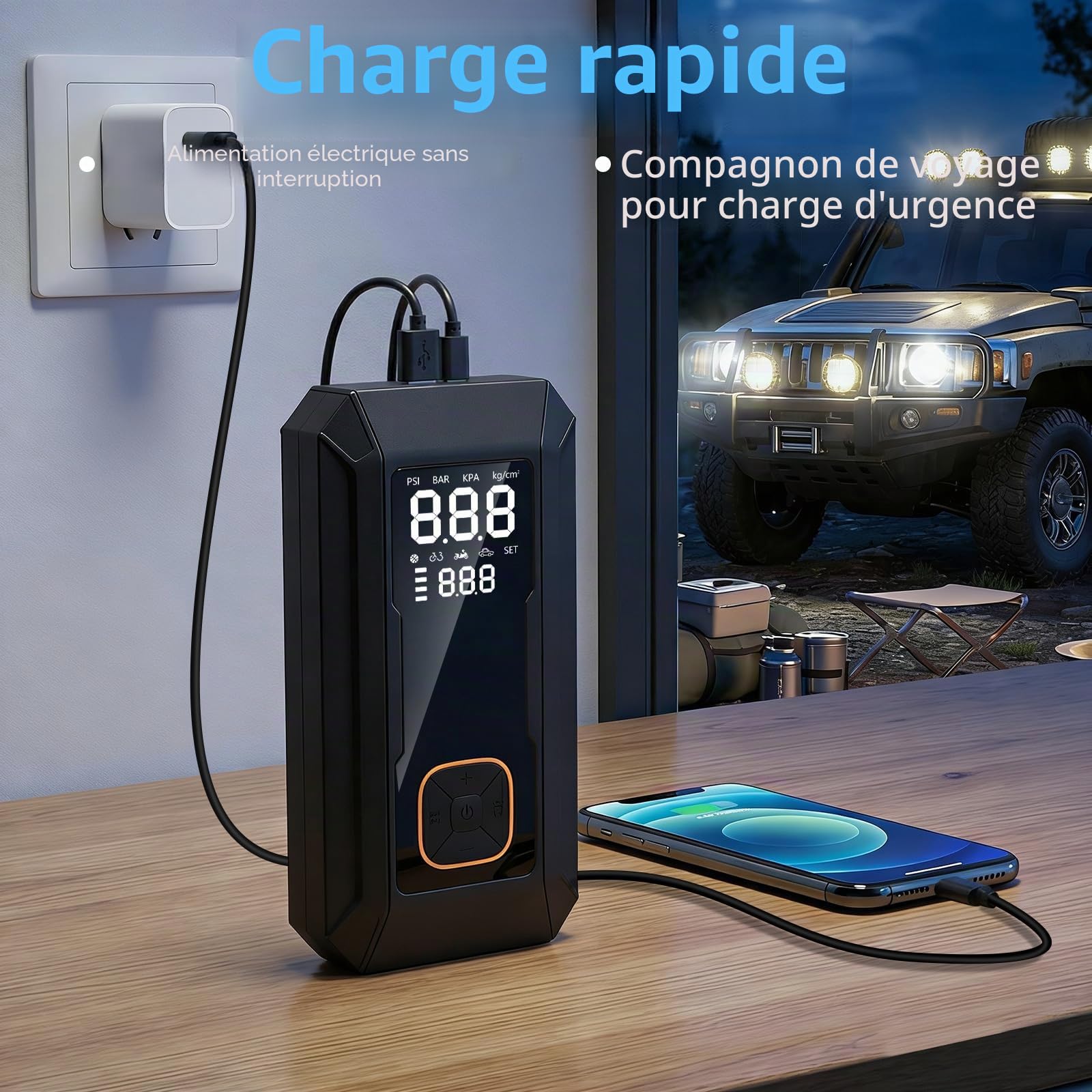 Booster Batterie avec Compresseur,Démarreur Batterie Voiture, 150PSI Gonfleur de Pneus,8000mAH Gonfleur Pneus Voiture,Tout Gaz ou 8.0L Diesel, Écran LCD, Eclairage de Secours, Banque d'alimentation