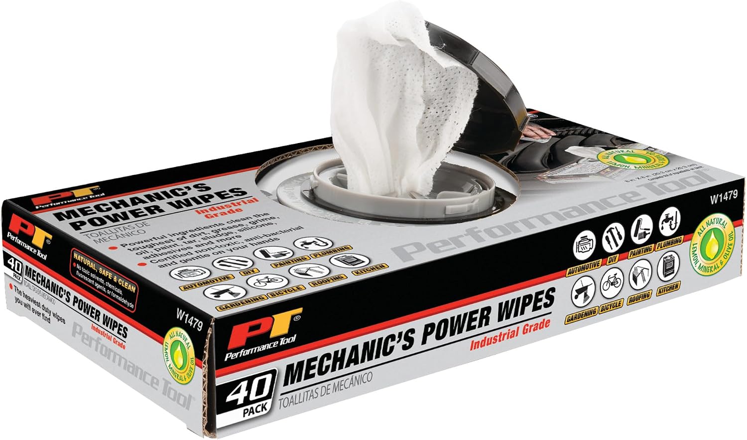 Performance Tool W1479 40Pk Industrial Mechanic Wipes - Heavy Duty Cleaning Wipes for Grease, Oil, and Grime, Ideal for Automotive and Industrial Use