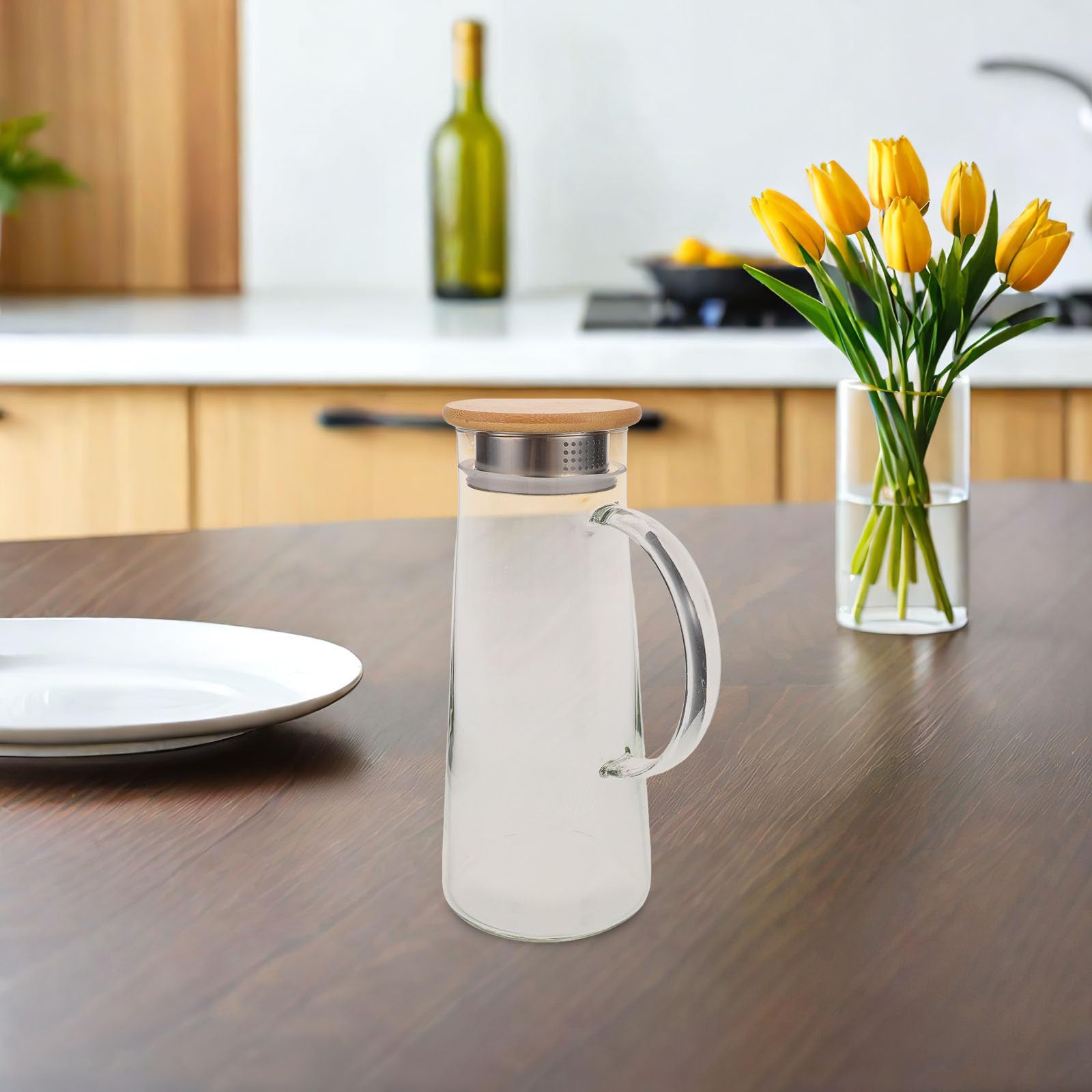 Outanaya Jarra de Vidrio de Borosilicato para Jugo y Agua Fría con Tapa y Gran Capacidad, Resistente y Fácil de Verter para Uso Doméstico