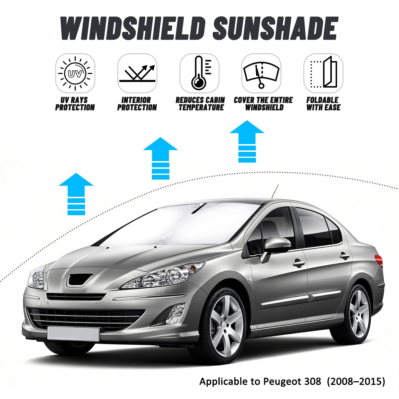 D-Lumina Pare-Brise Pare-Soleil pour Peugeot 308 (2008–2015) Accessoires, Protecteur de Protection de Pare Soleil Voiture Contre Les Rayons UV, Pliable et Portable