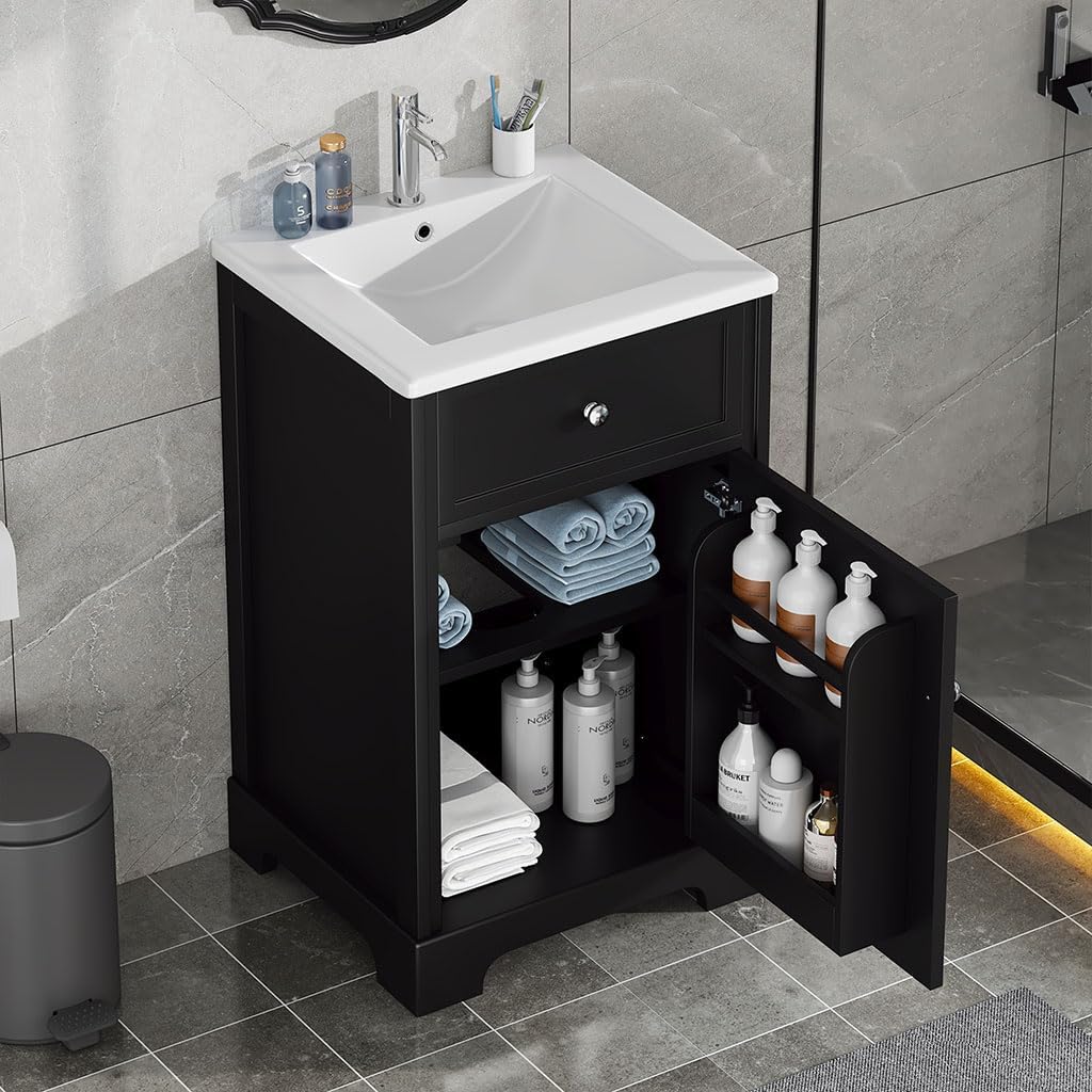 20" Bathroom Vanity Cabinet, Modern Freestanding Bathroom White Small Bathroom Storage Cabinet with Sink Combo and Adjustable Shelve for Small Space (20"× 18"×34")