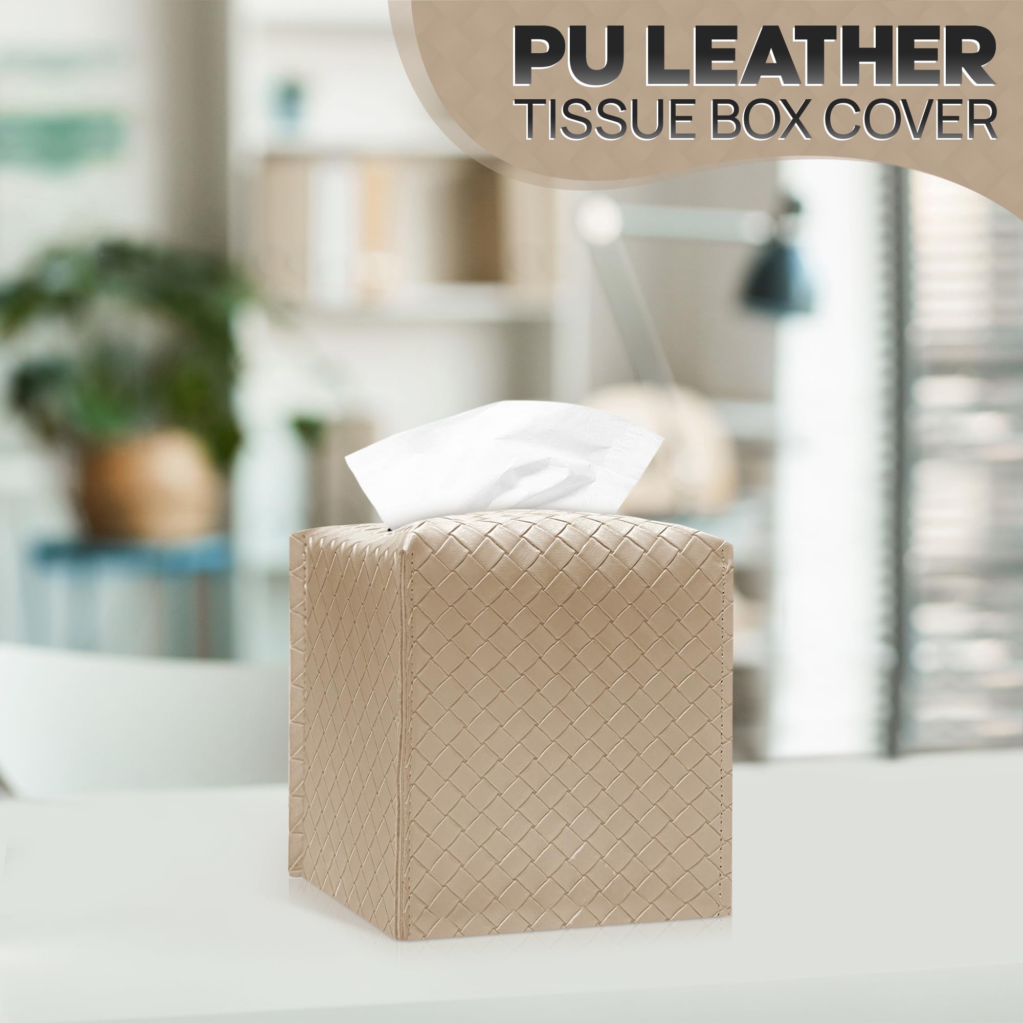 Custodia Portafazzoletti Quadrata In Pelle PU - Organizer Con Cinturino Inferiore Per Bagno Auto Ufficio - Nero 13,3cm - 5