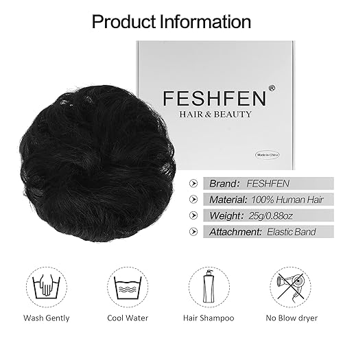 Miniatura 5 de FESHFEN - Extensiones de moño, 100 % cabello humano, pieza de moño desaliñado, goma de cabello rizado, coleta, extensiones para mujeres y niñas,