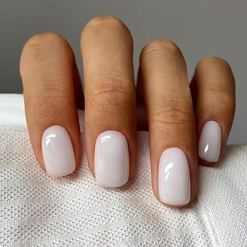 Suqare - Uñas postizas cortas a presión, uñas acrílicas de color beige puro con diseños, uñas postizas adhesivas con punta francesa, uñas con