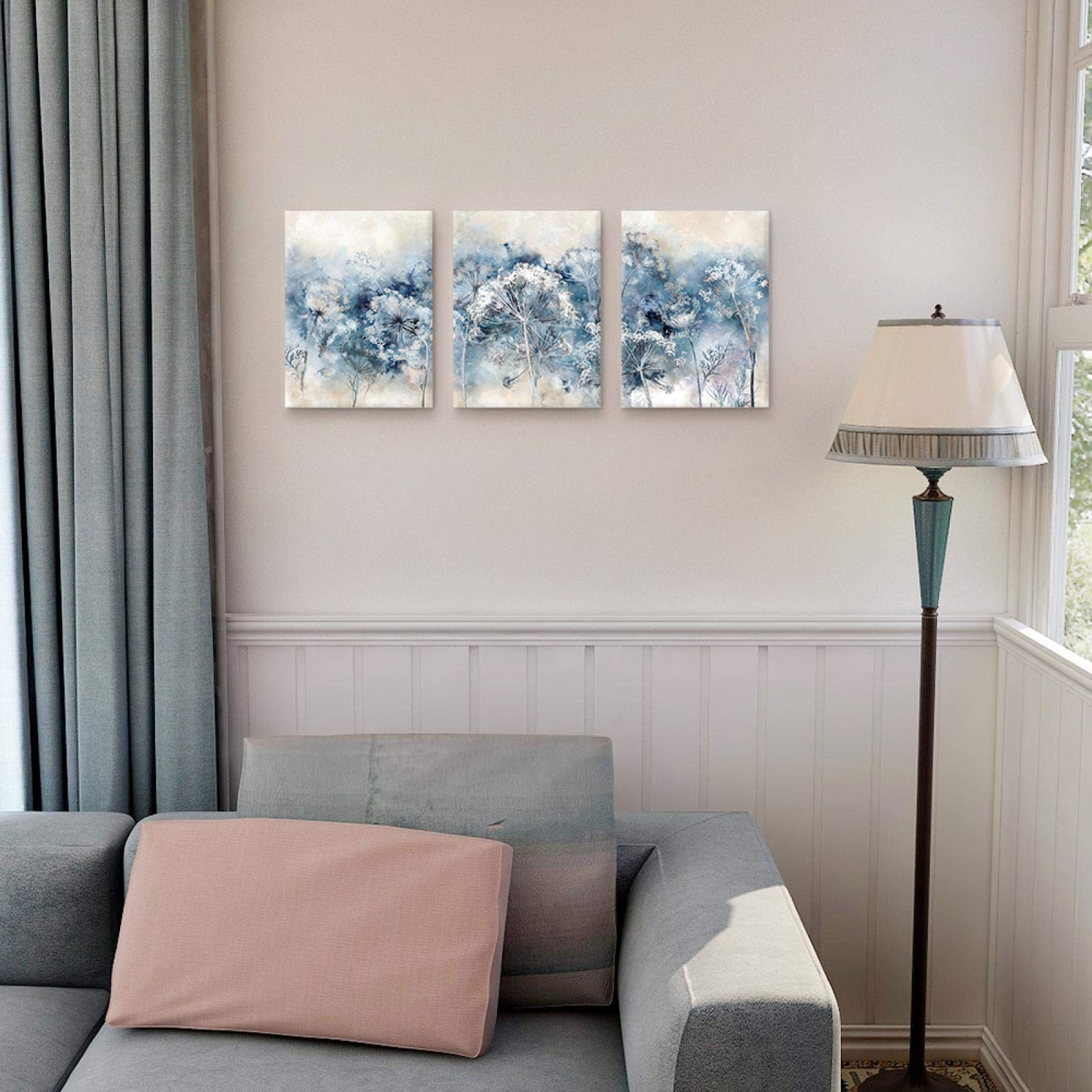 Yooyu Diente de león Arte de la pared Pintura en lienzo Carteles botánicos para el dormitorio Azul Blanco Baño Impresiones Casa de campo moderna Imagen (24x35in) 60x90cmx3 con marco