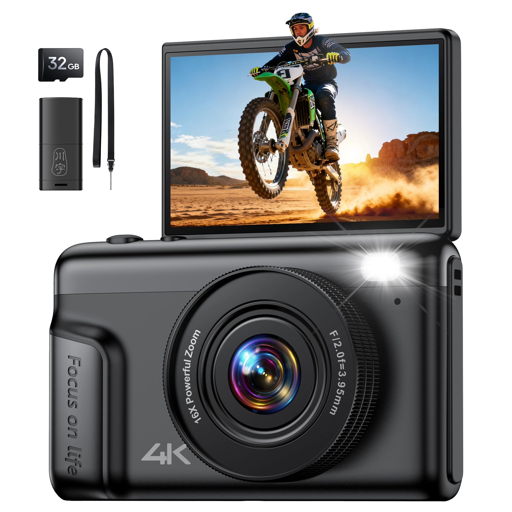 4K Digital Camera Photography for Vlogging: 64MP Compact Cameras with Flip Screen 16X Zoom - Gift for Beginners/Enfant/Teen - Vintage Appareil Photo Video Cam Black for Boys Girls