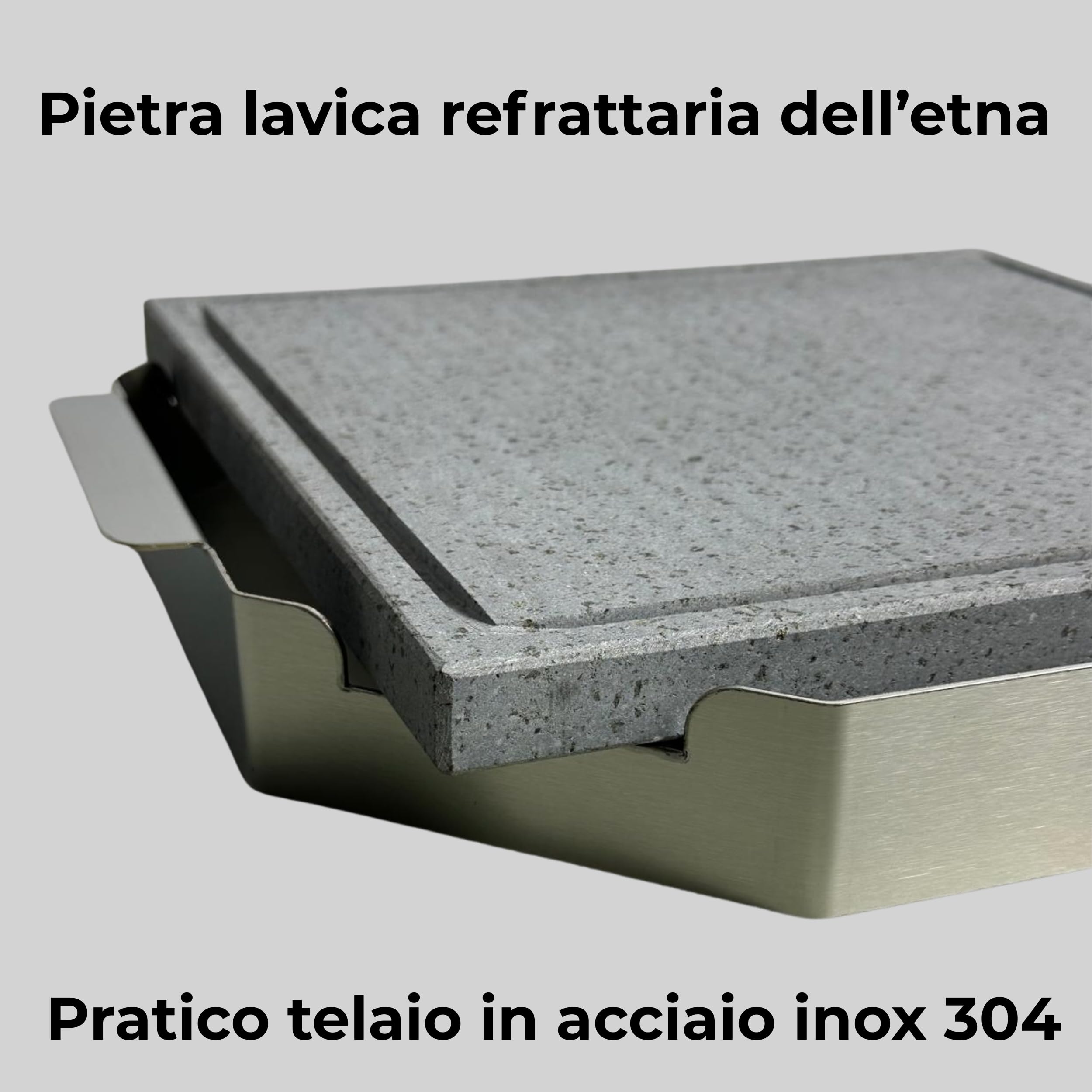 Vulcaninox | Piastra in Pietra lavica dell'Etna con telaio in Acciaio Inox | barbecue, forno | MADE IN ITALY (30 x 30 x 5)