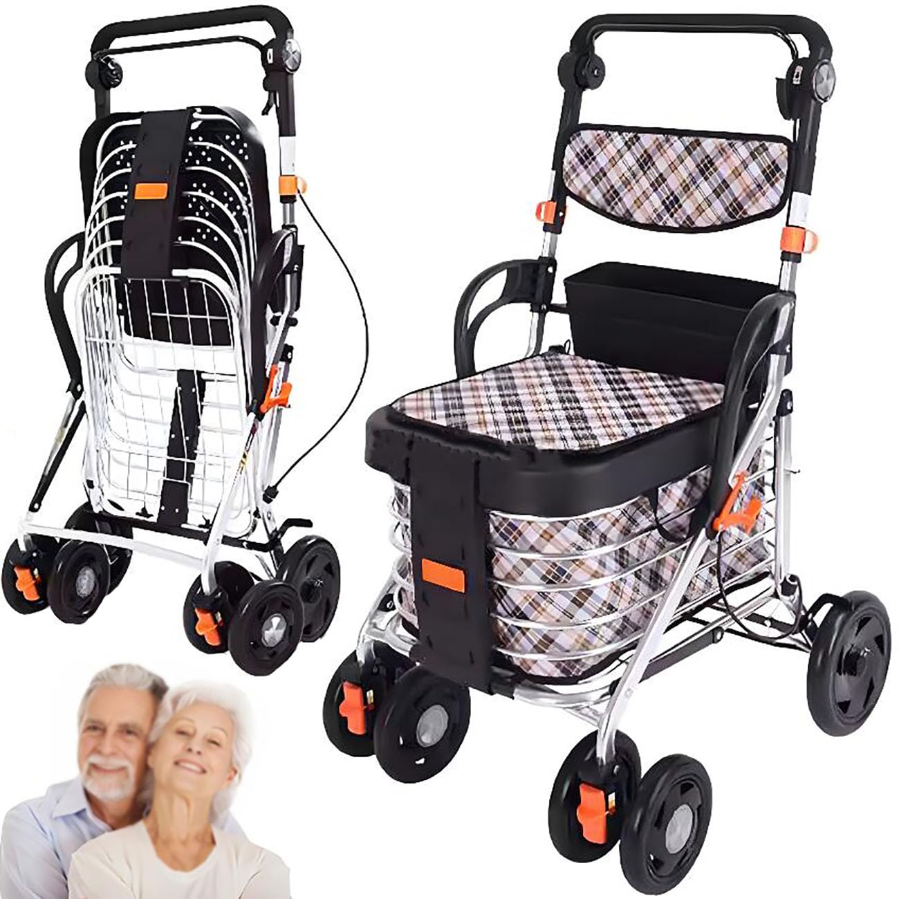 ICEMOB Carro De La Compra Y Andador con Asiento para Ancianos,Carrito Plegable para Supermercado De 4 Ruedas,Reposabrazos Ajustable En Tres Niveles,Caminadores Portátil,Aluminio