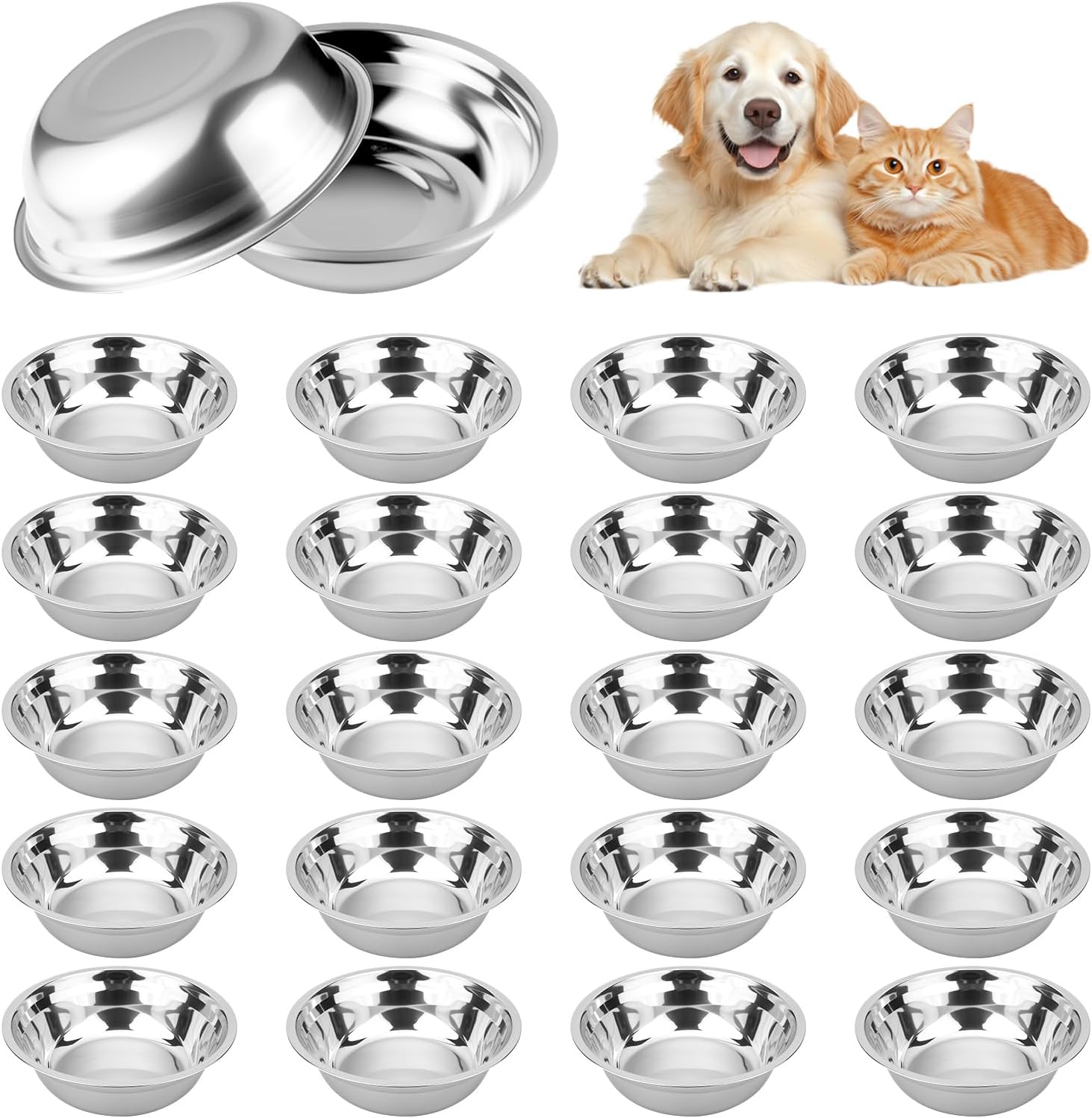 20 PCS Stainless Steel Dog Bowls, 32 Oz (4 Cups) Thickened Metal Dog Bowls for Multi Dogs Multi Cat Households or Kennels, Pet Replacement Bowl of Food and Water, Dishwasher Safe
