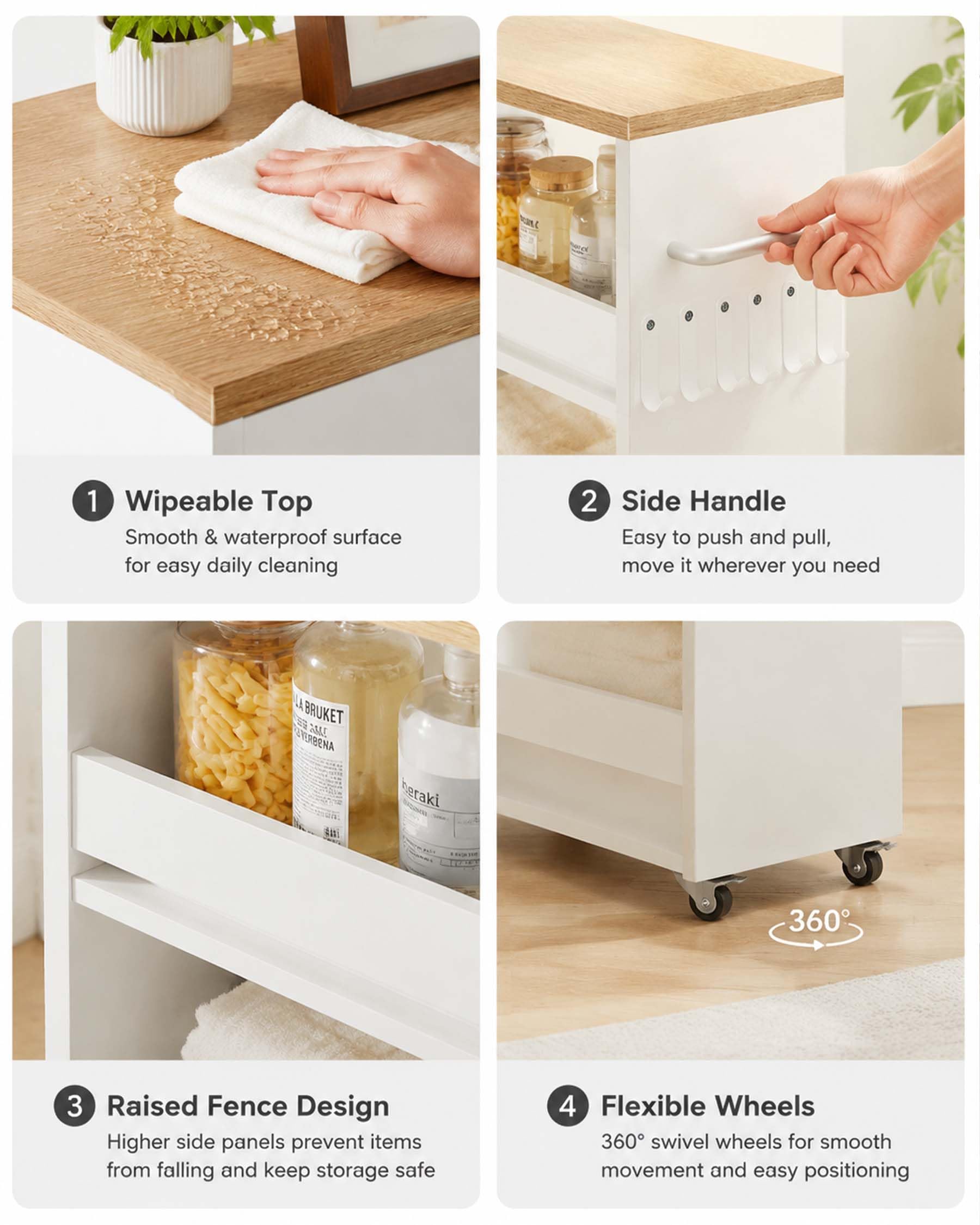 Carrito Organizador Estrecho Blanco 5 Niveles 40×22×108cm Pack de 2 | Cuatro ruedas, dos con freno, facilitan el desplazamiento; el asa lateral y los ganchos añaden espacio de almacenaje