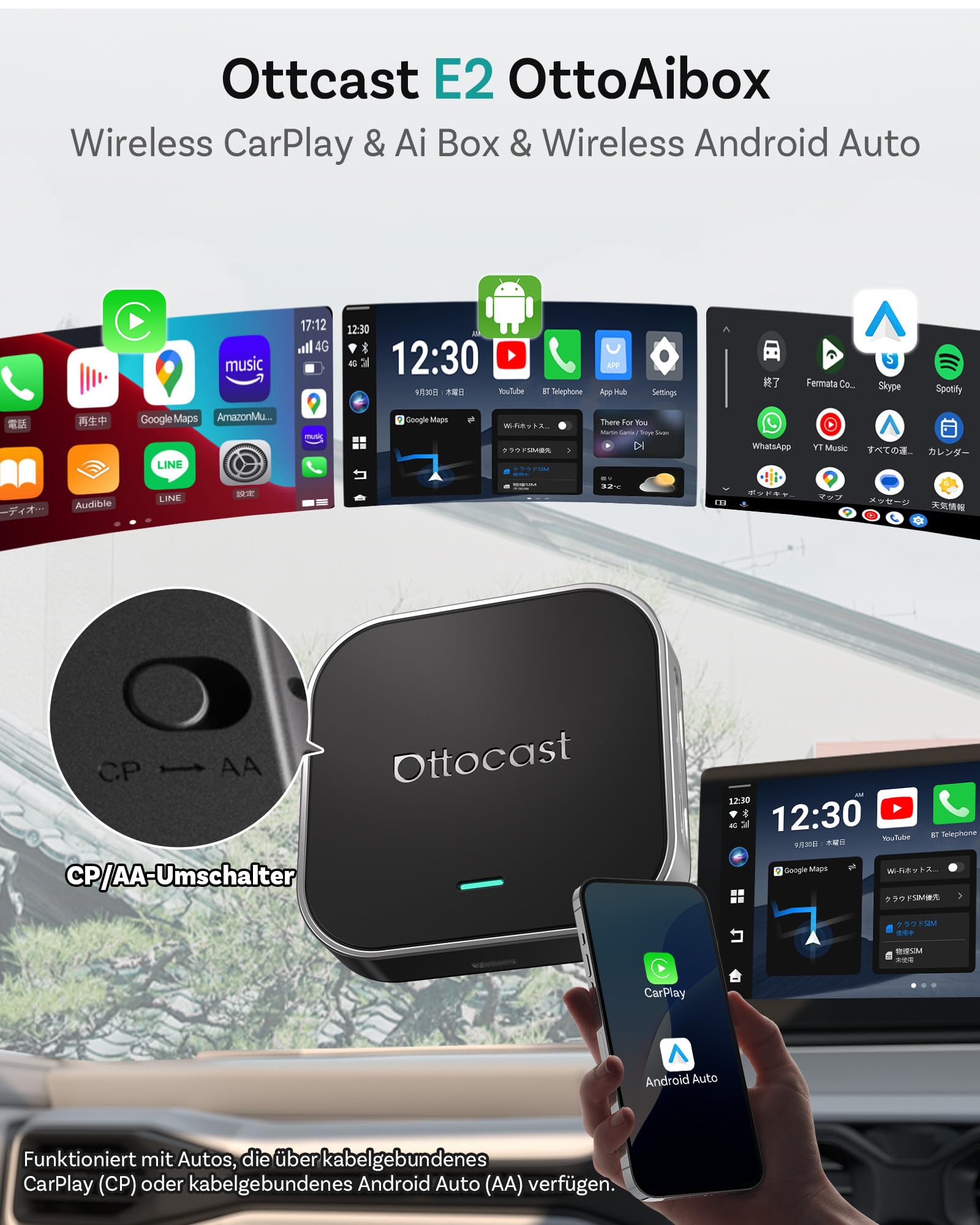 OTTOCAST OttoAibox E2 2026 Android 13 Car AI Box – Wireless CarPlay & Android Auto Adapter, 3-in-1 Smart System, CloudSIM 3.0, Dual WiFi, Split Screen, Plug & Play Car Multimedia Upgrade