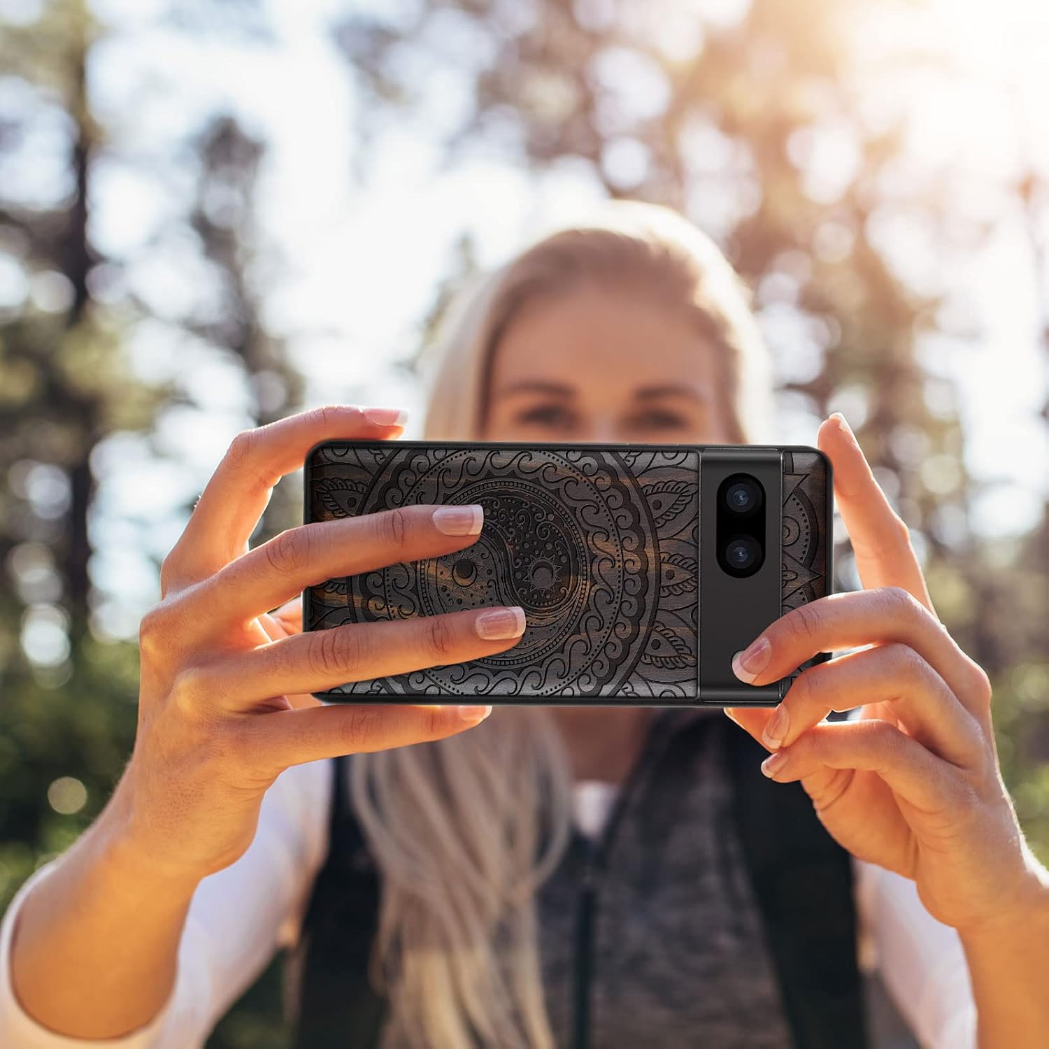 Carveit Wood Case for Pixel 7a Case [Natural Wood & Black Soft TPU] Shockproof Protective Unique & Classy Wooden Phone Cover Compatible with Google Pixel 7a (Yin Yang Paisley-Blackwood)
